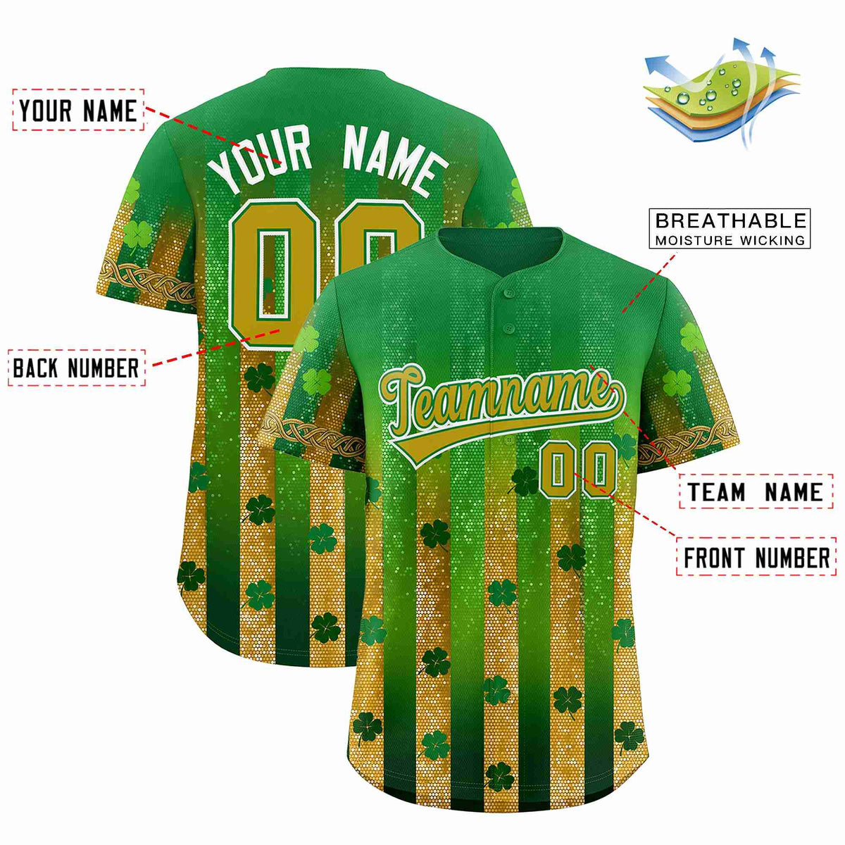 Custom Kelly Green Green St.Patrick&#39;s Day Personalized Four Leaf Clover Pattern Baseball Jersey| KXKSHOP