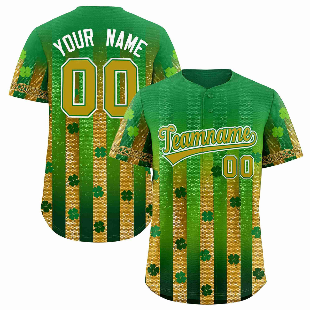 Custom Kelly Green Green St.Patrick&#39;s Day Personalized Four Leaf Clover Pattern Baseball Jersey| KXKSHOP
