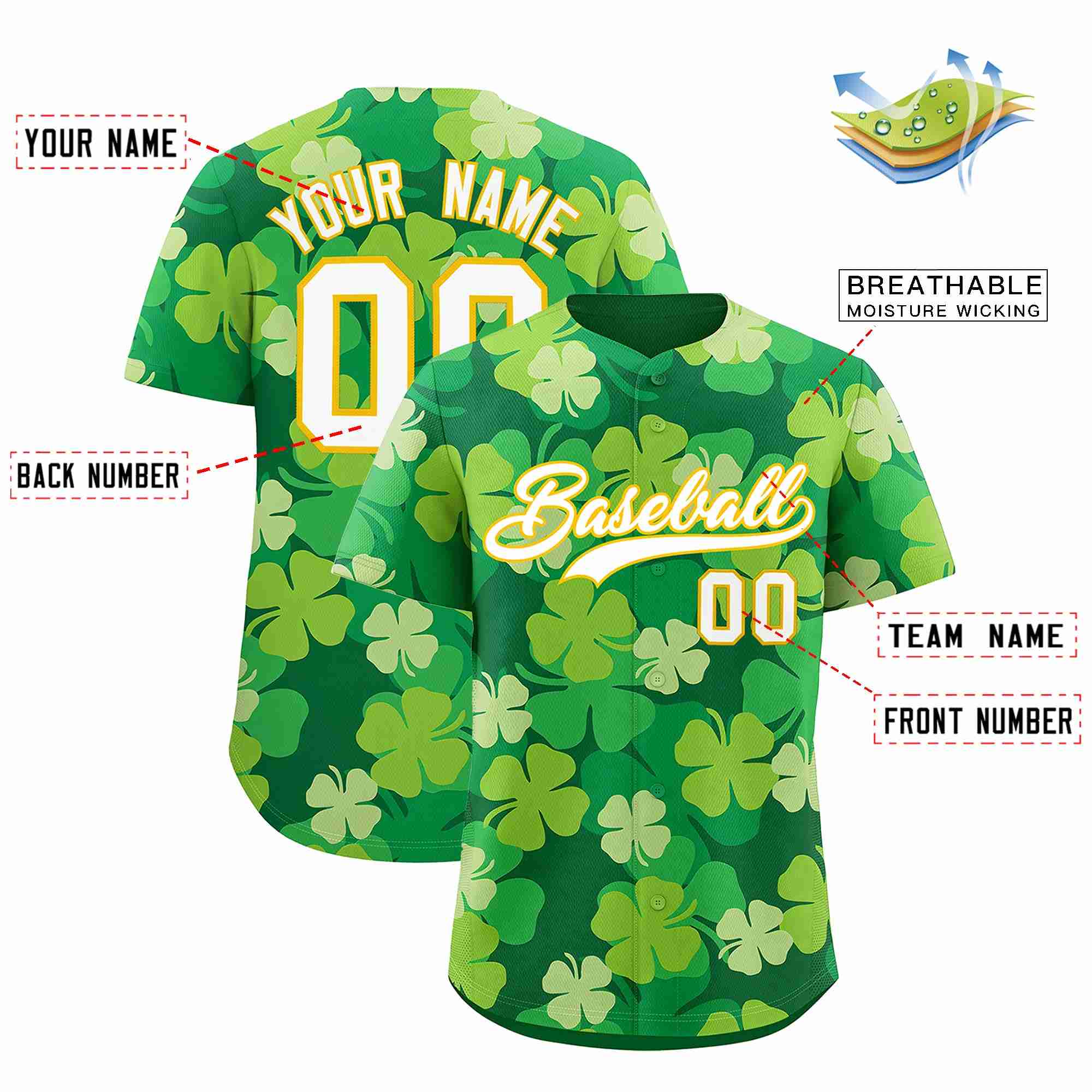 Custom Kelly Green White St.Patrick's Day Personalized Four Leaf Clover Pattern Baseball Jersey