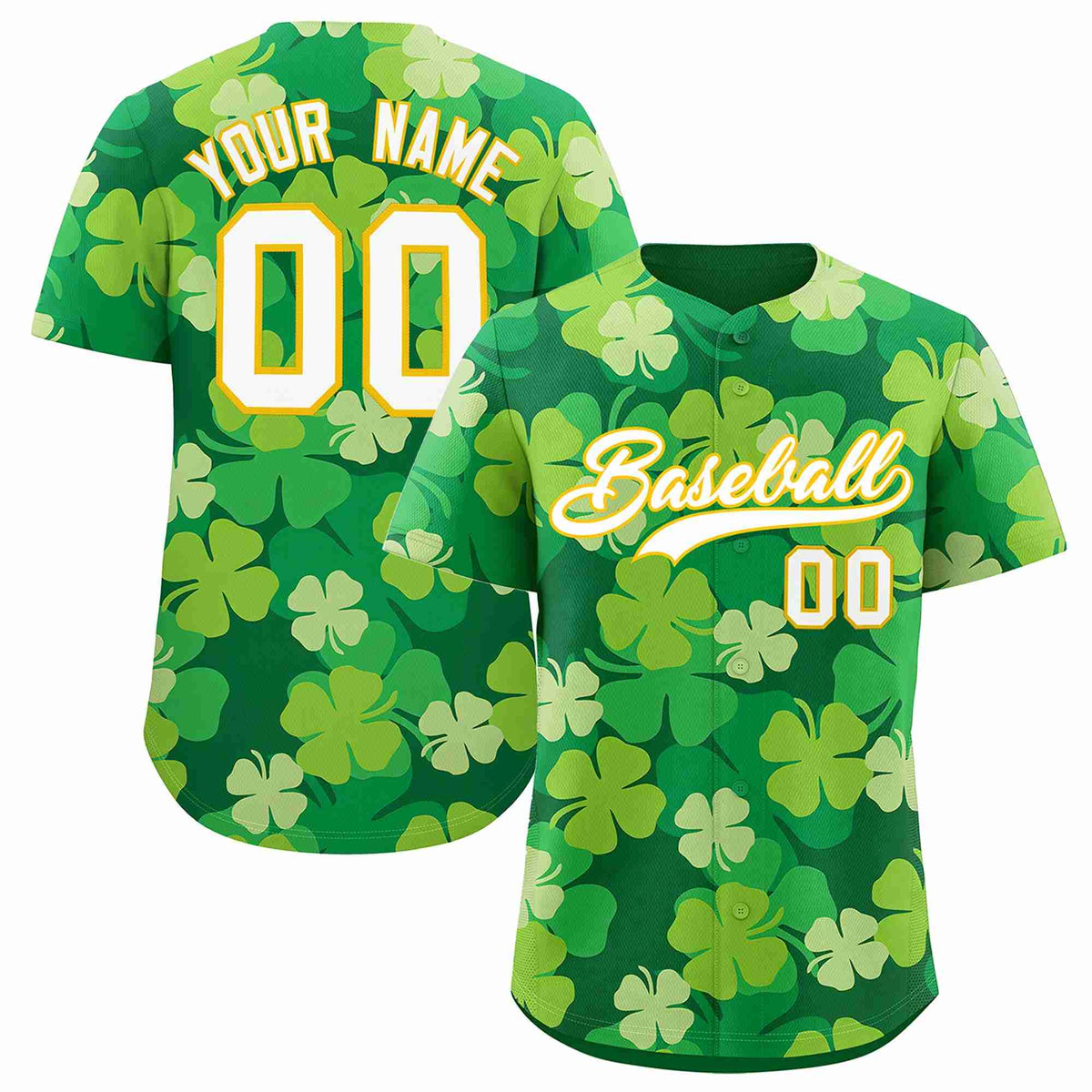 Custom Kelly Green White St.Patrick&#39;s Day Personalized Four Leaf Clover Pattern Baseball Jersey