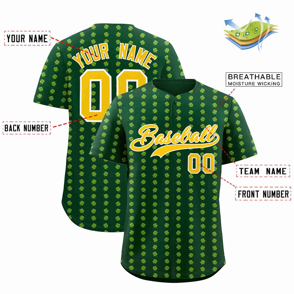 Custom Green Gold St.Patrick&#39;s Day Personalized Four Leaf Clover Pattern Baseball Jersey