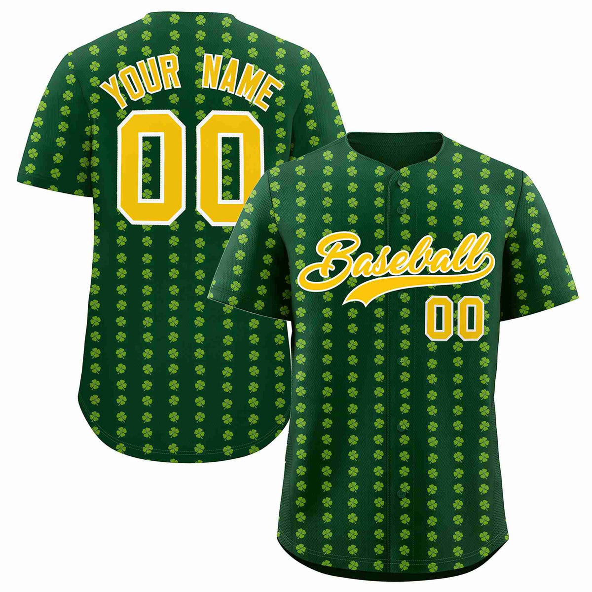 Custom Green Gold St.Patrick&#39;s Day Personalized Four Leaf Clover Pattern Baseball Jersey
