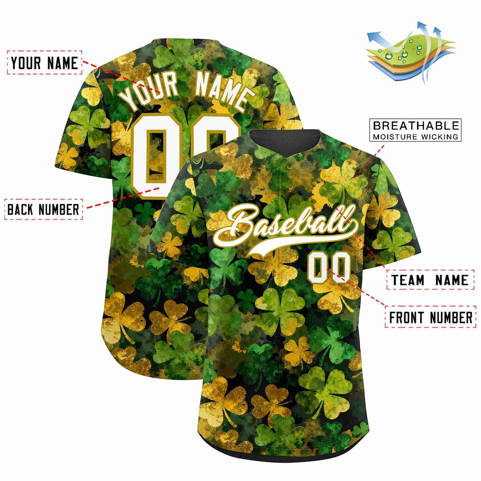 Custom Black White St.Patrick's Day Personalized Four Leaf Clover Pattern Baseball Jersey