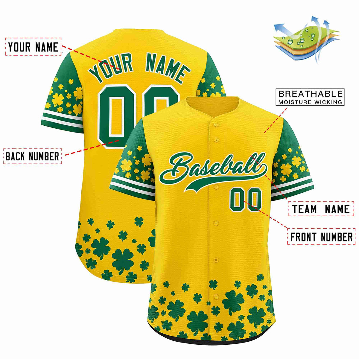 Custom Gold Kelly Green St.Patrick&#39;s Day Personalized Four Leaf Clover Pattern Baseball Jersey