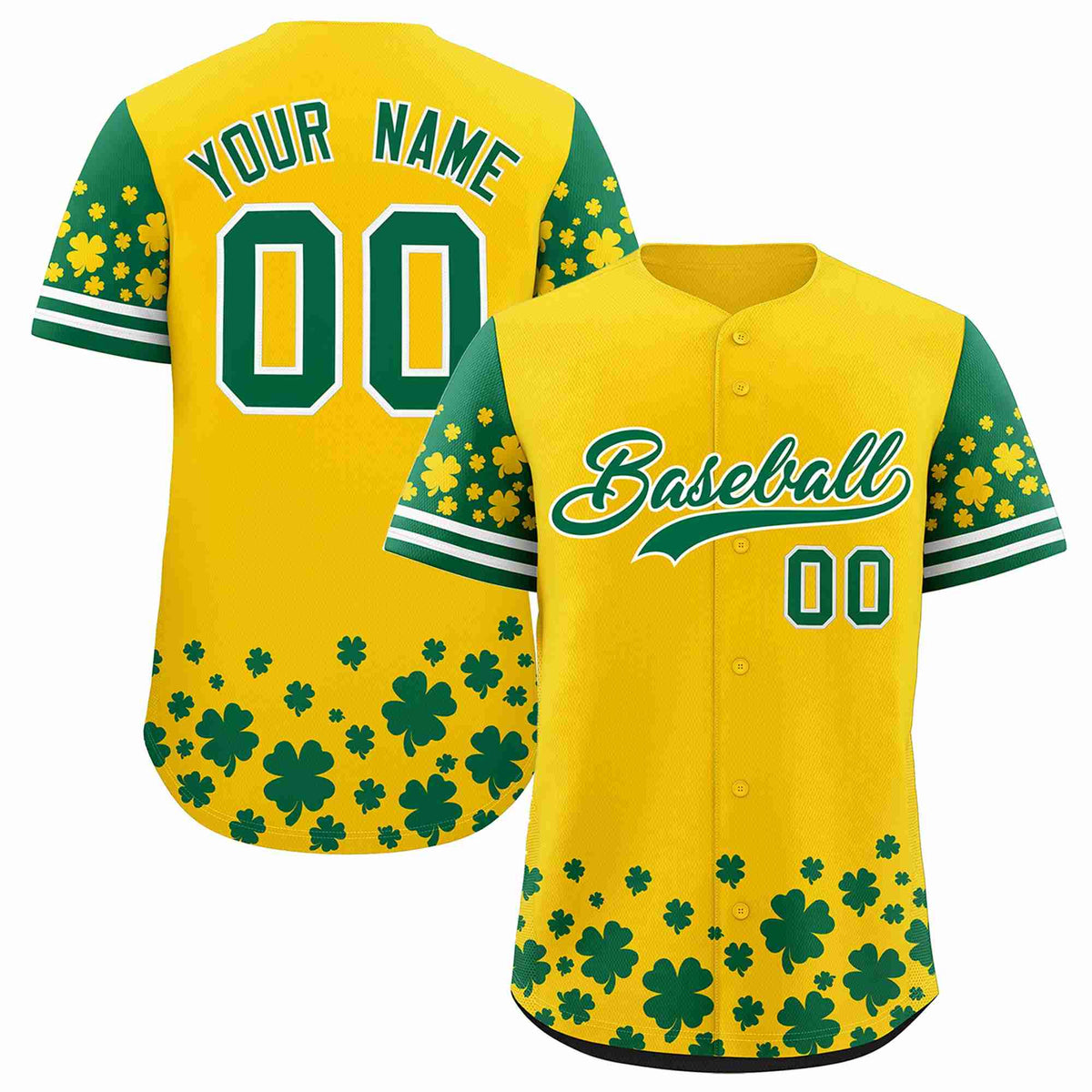 Custom Gold Kelly Green St.Patrick&#39;s Day Personalized Four Leaf Clover Pattern Baseball Jersey