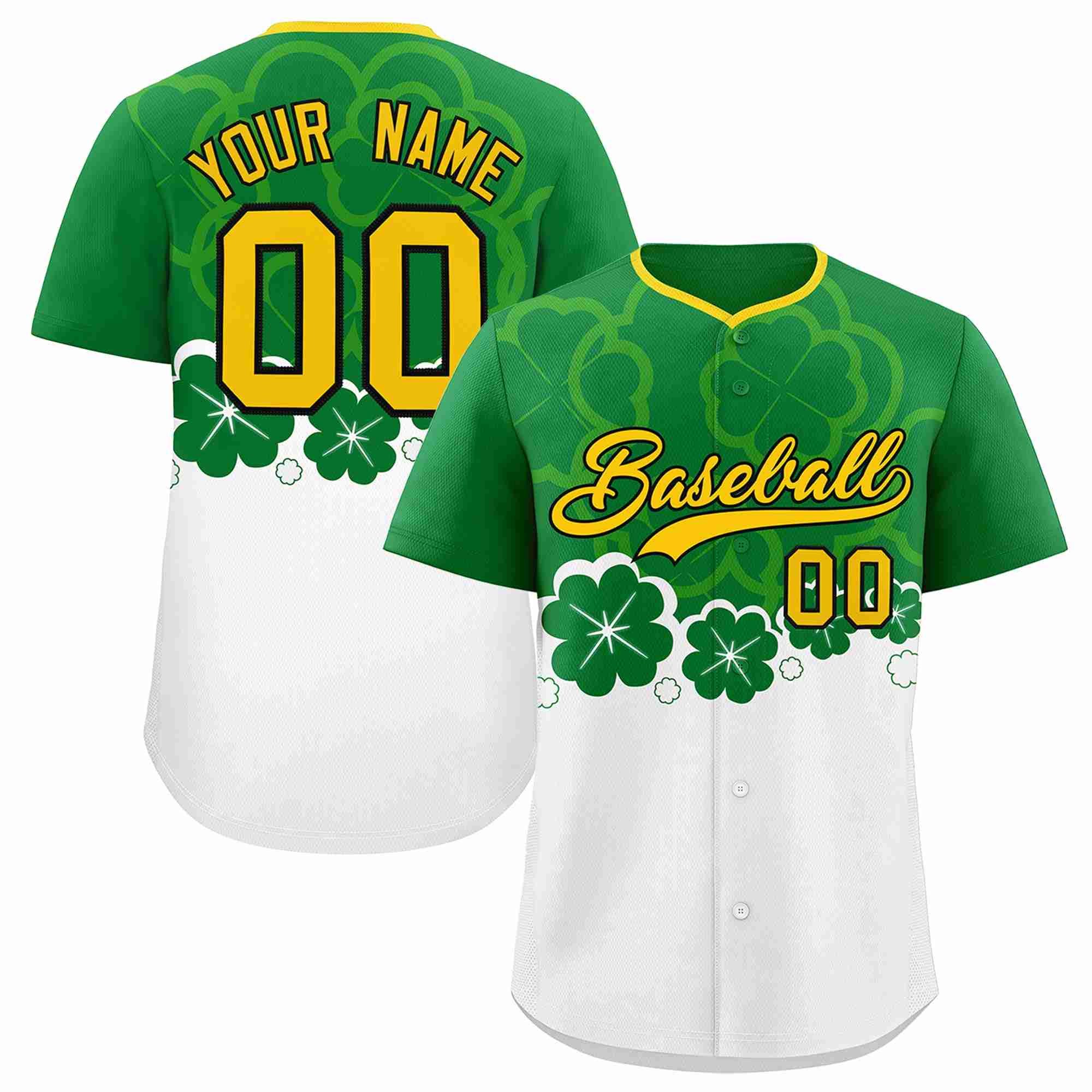 Custom White Kelly Green St.Patrick's Day Personalized Four Leaf Clover Pattern Baseball Jersey