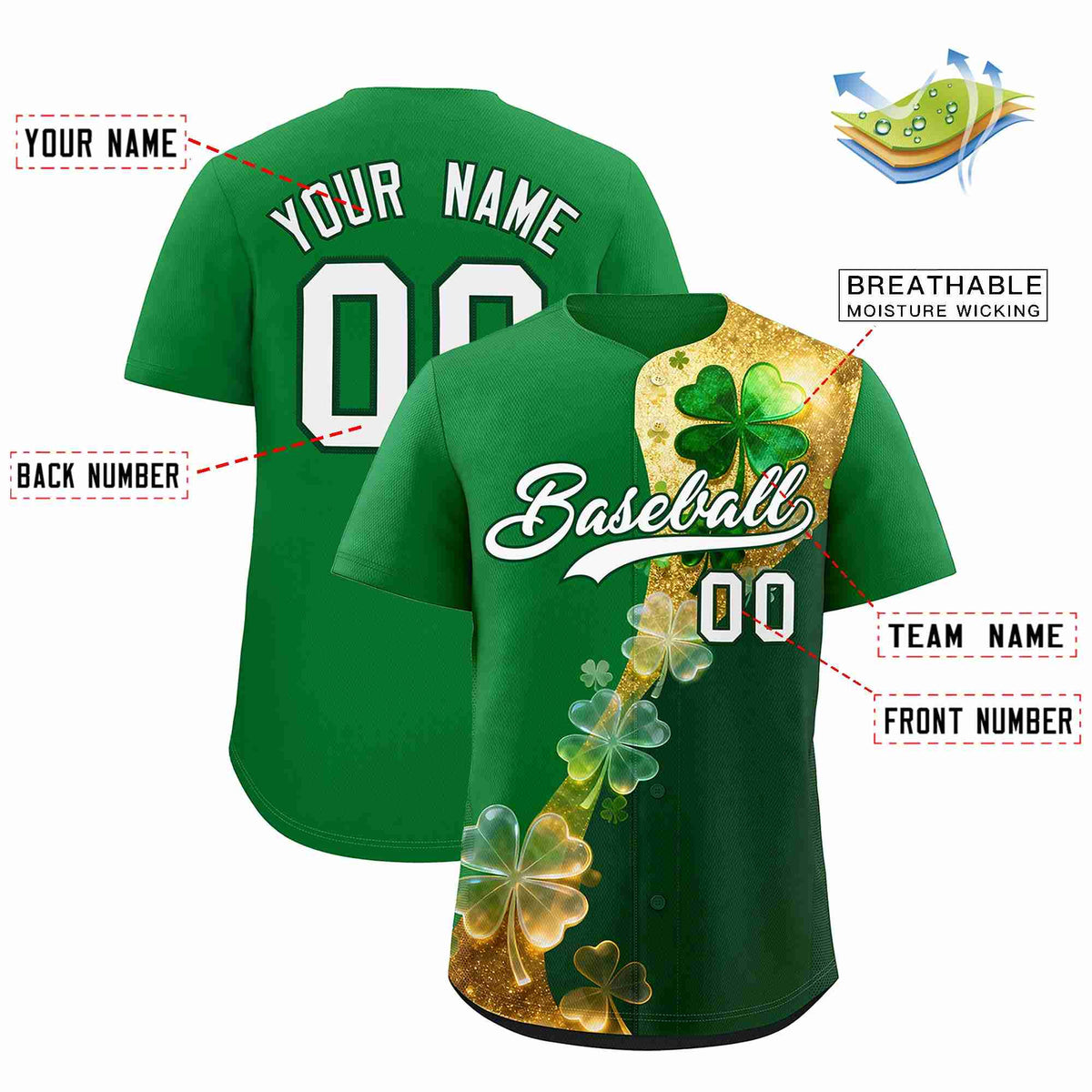 Custom Kelly Green Green St.Patrick&#39;s Day Personalized Four Leaf Clover Pattern Baseball Jersey
