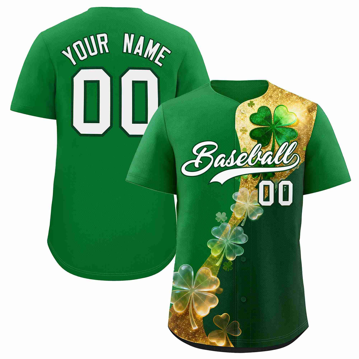 Custom Kelly Green Green St.Patrick&#39;s Day Personalized Four Leaf Clover Pattern Baseball Jersey