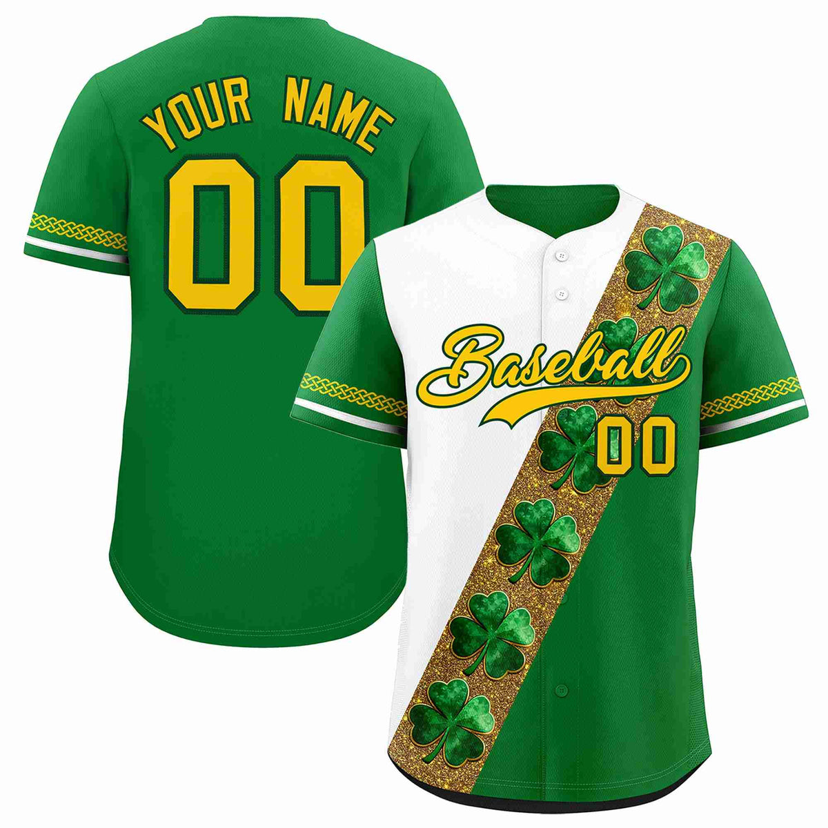 Custom White Kelly Green St.Patrick&#39;s Day Personalized Four Leaf Clover Pattern Baseball Jersey