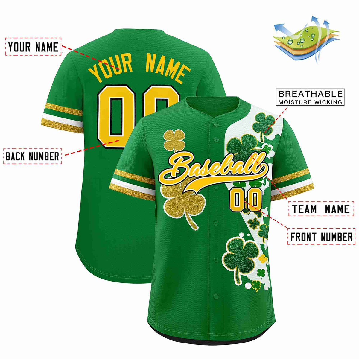 Custom Kelly Green Gold St.Patrick&#39;s Day Personalized Four Leaf Clover Pattern Baseball Jersey