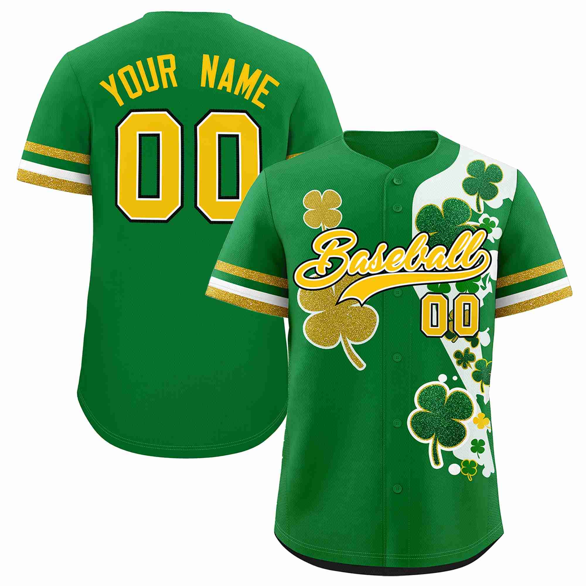 Custom Kelly Green Gold St.Patrick's Day Personalized Four Leaf Clover Pattern Baseball Jersey