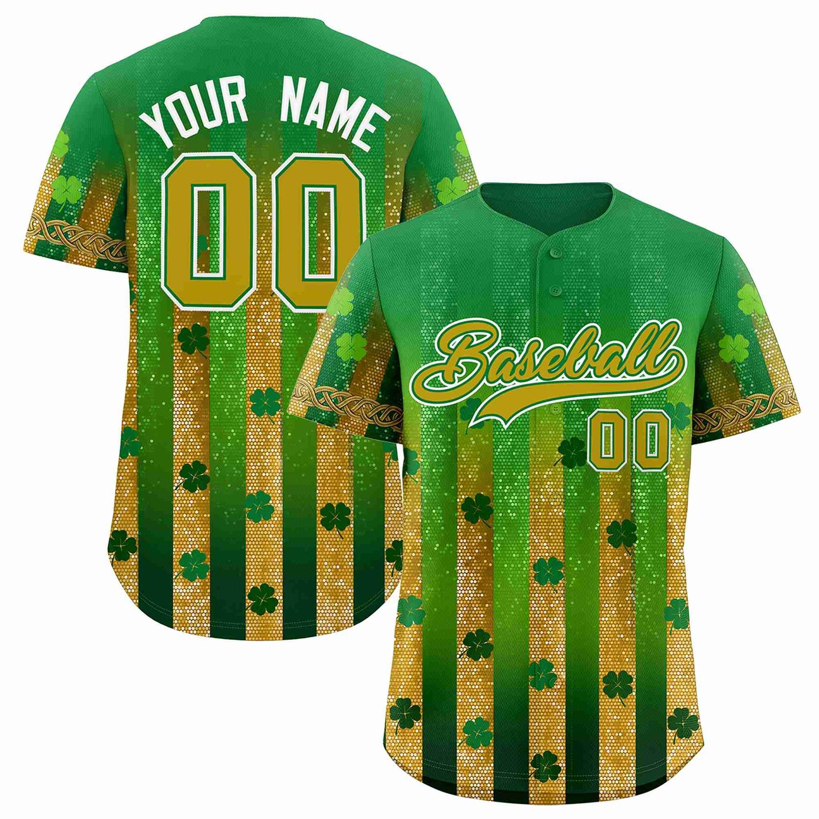 Custom Kelly Green Green St.Patrick's Day Personalized Four Leaf Clover Pattern Baseball Jersey