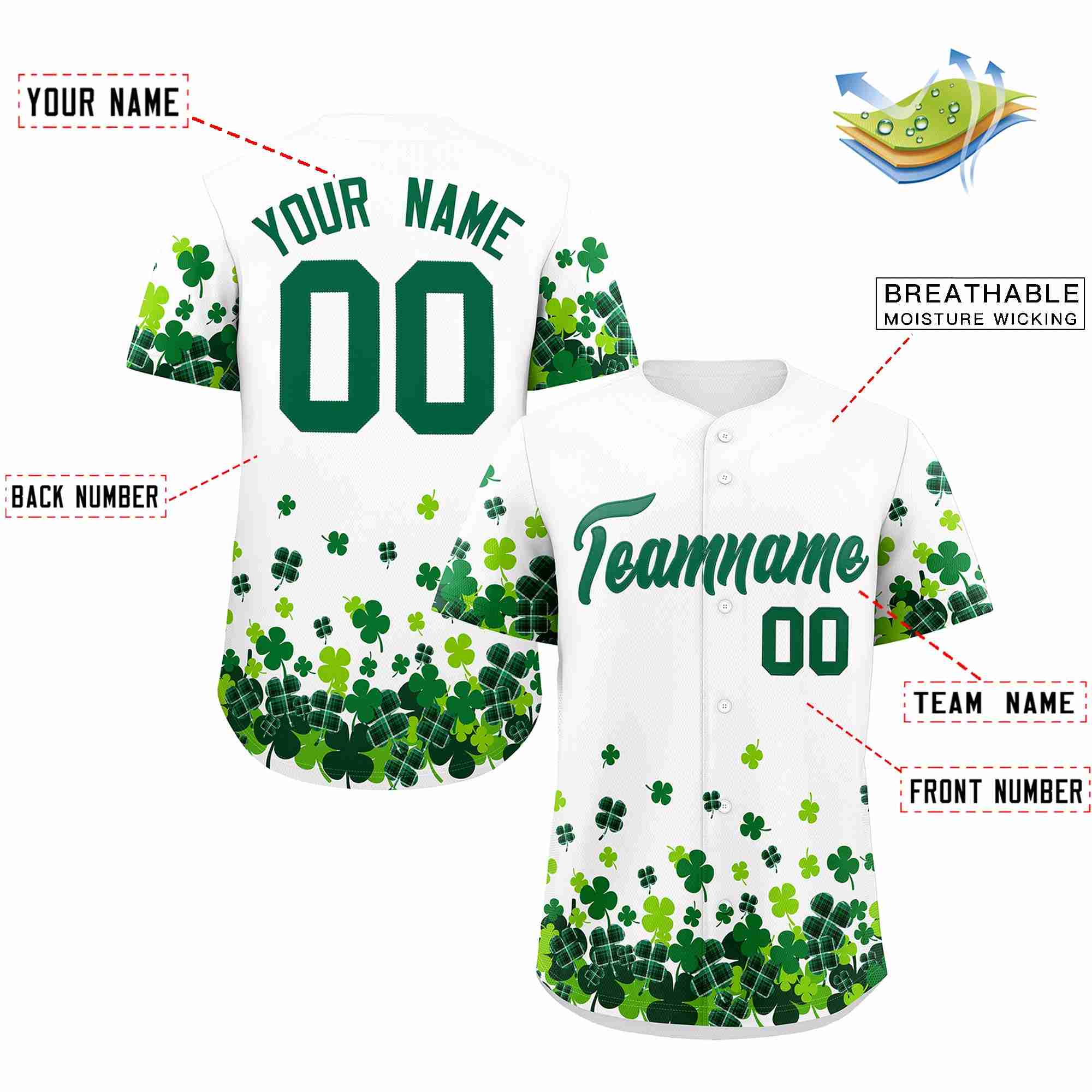 Custom White Green St.Patrick's Day Personalized Four Leaf Clover Pattern Baseball Jersey