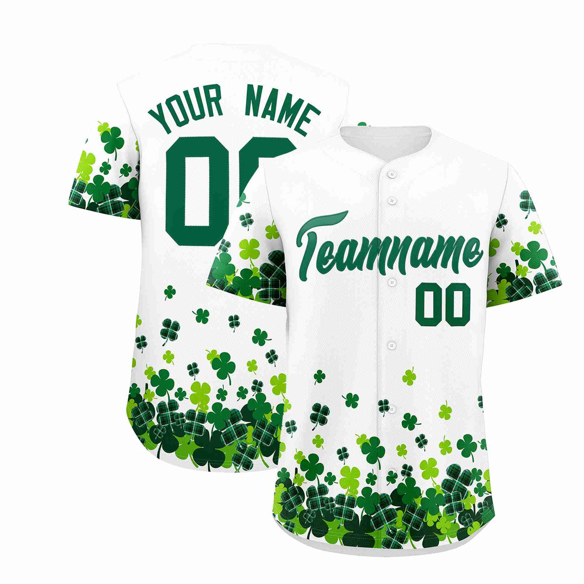Custom White Green St.Patrick&#39;s Day Personalized Four Leaf Clover Pattern Baseball Jersey