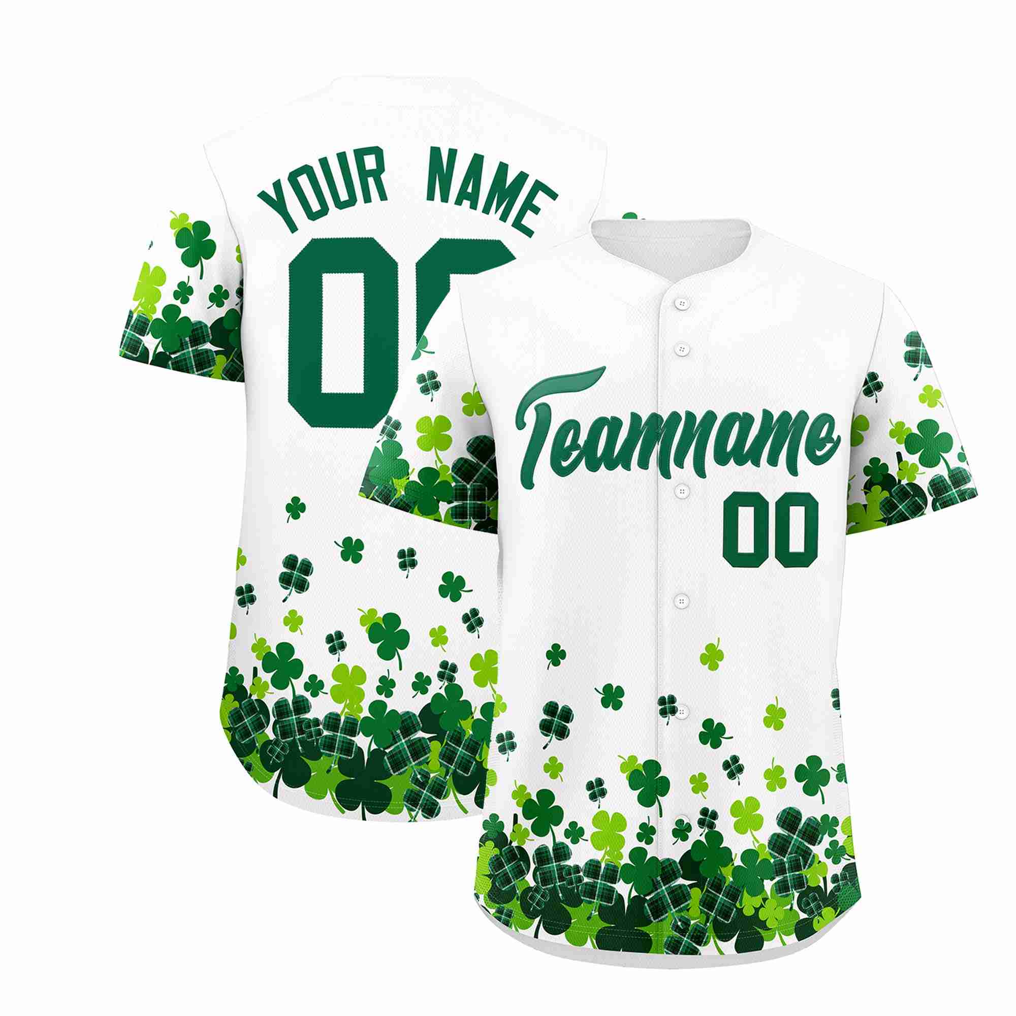 Custom White Green St.Patrick's Day Personalized Four Leaf Clover Pattern Baseball Jersey