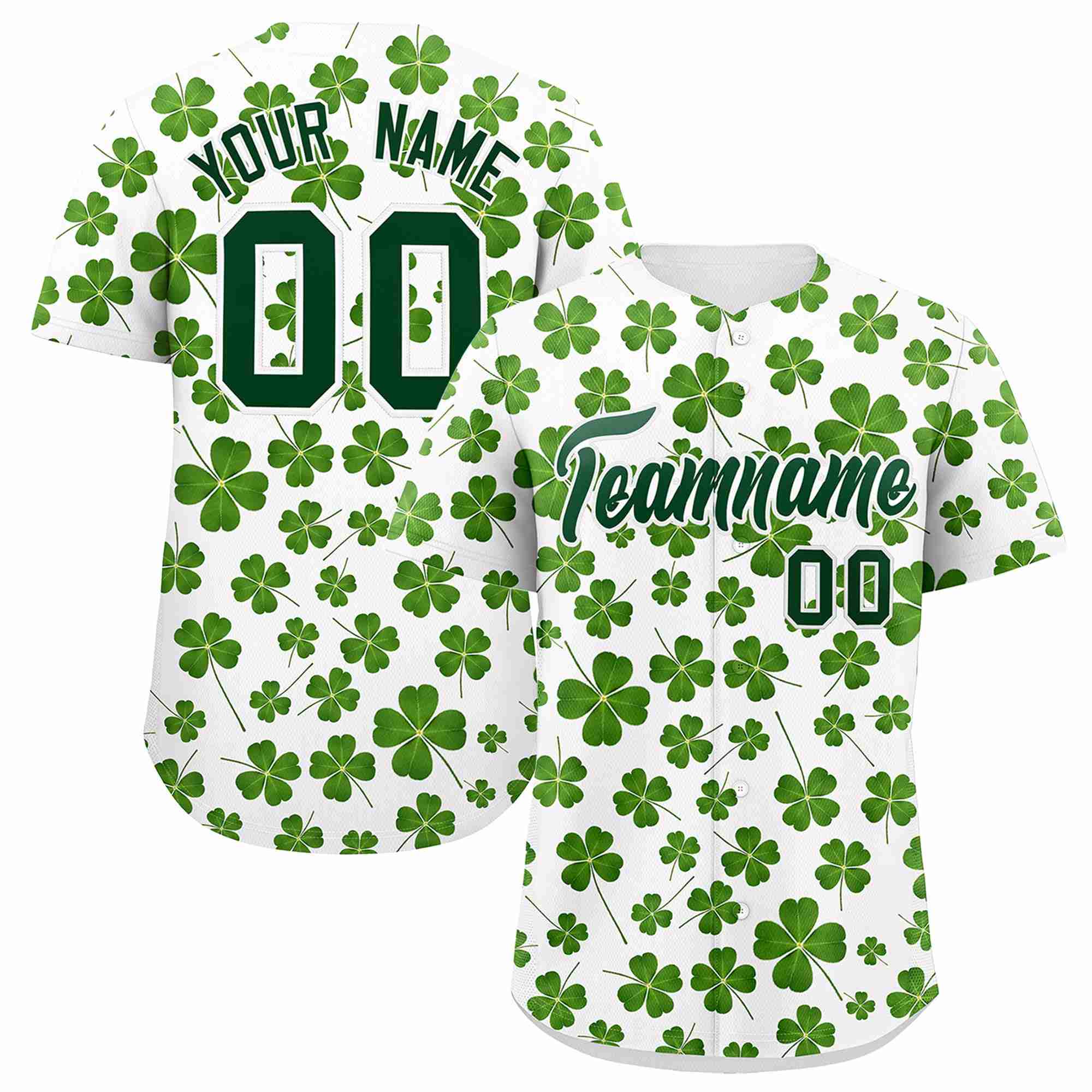 Custom White Green St.Patrick's Day Personalized Four Leaf Clover Pattern Baseball Jersey