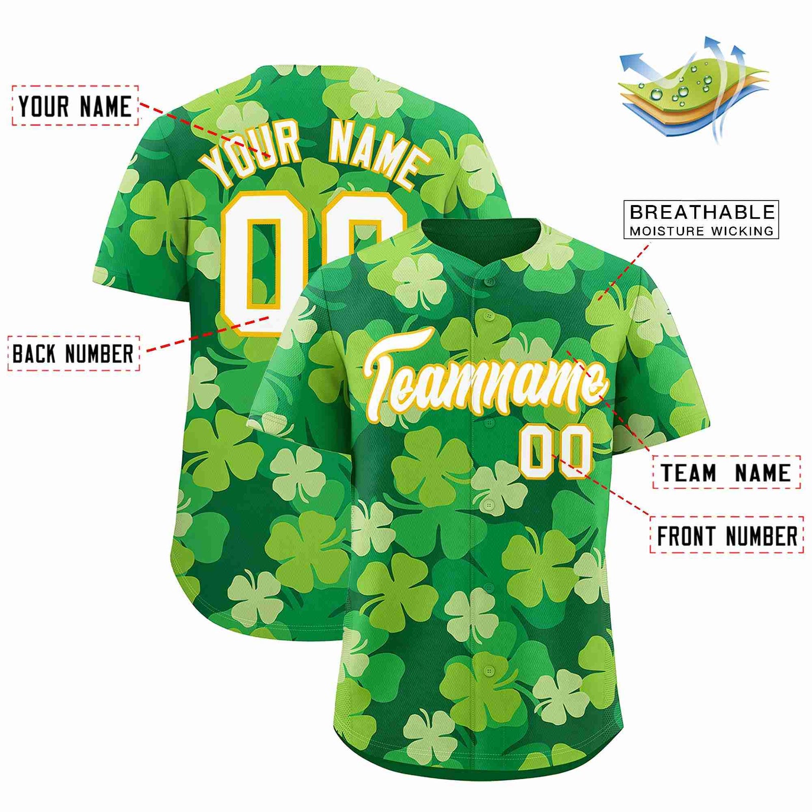 Custom Kelly Green White St.Patrick's Day Personalized Four Leaf Clover Pattern Baseball Jersey