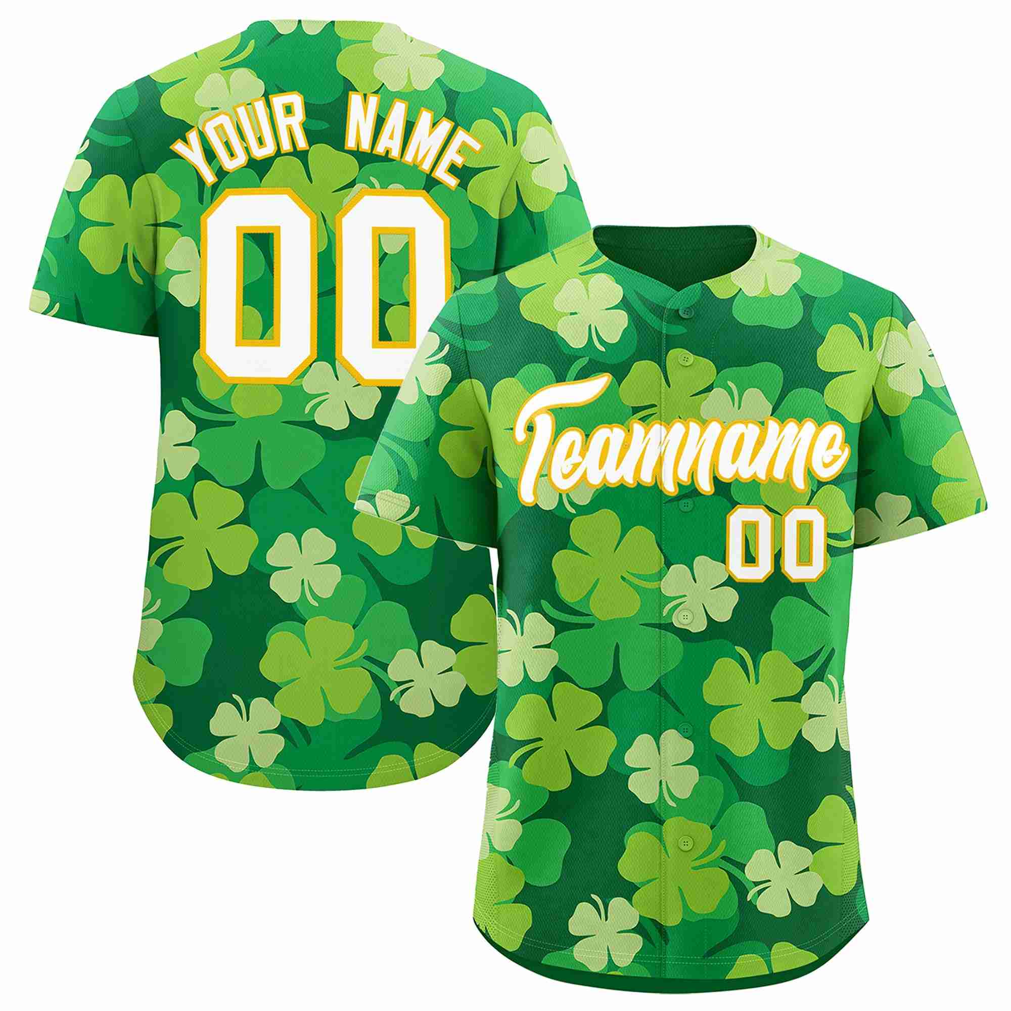 Custom Kelly Green White St.Patrick's Day Personalized Four Leaf Clover Pattern Baseball Jersey