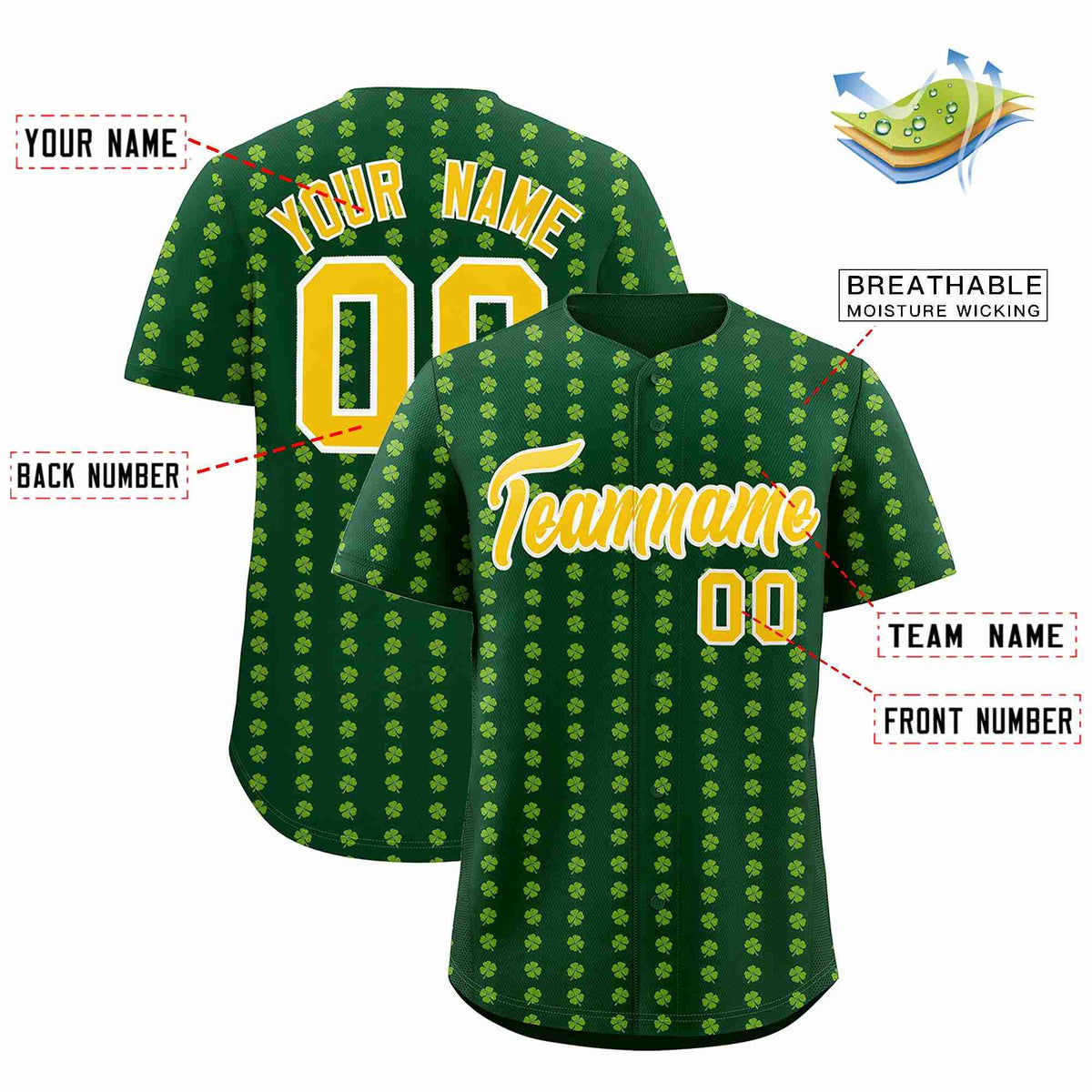 Custom Green Gold St.Patrick&#39;s Day Personalized Four Leaf Clover Pattern Baseball Jersey
