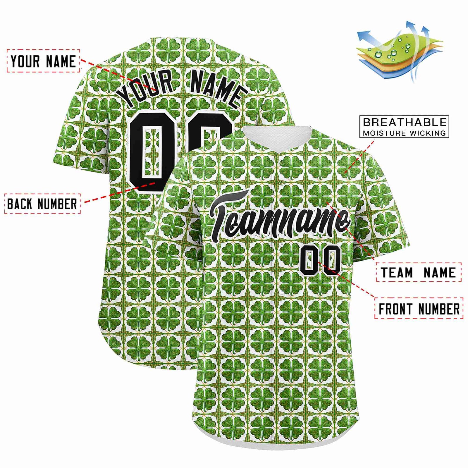 Custom White Black St.Patrick's Day Personalized Four Leaf Clover Pattern Baseball Jersey