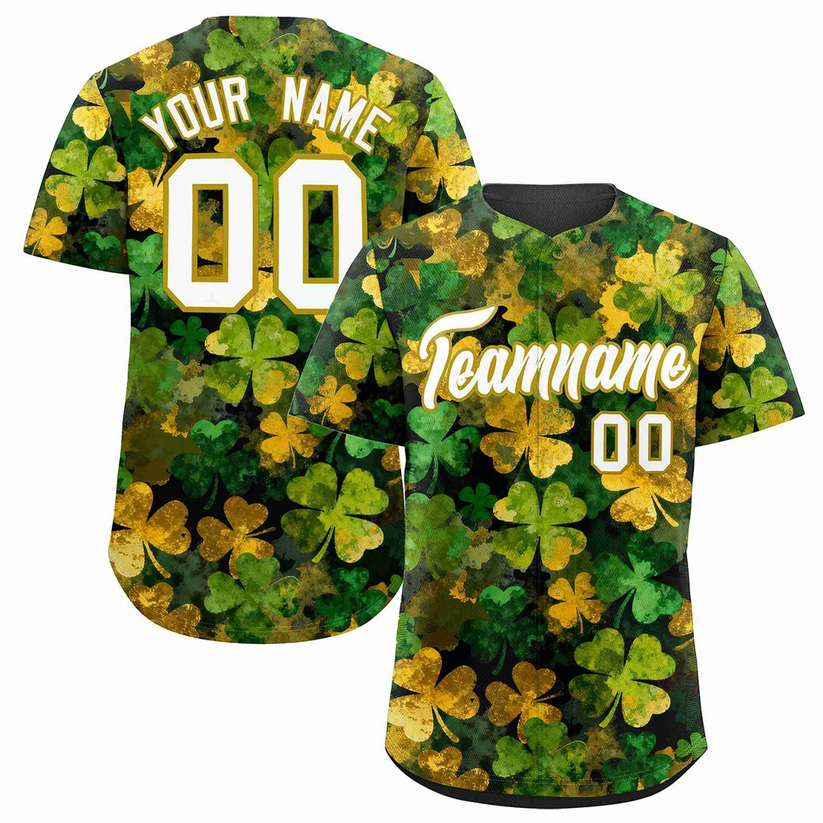 Custom Black White St.Patrick&#39;s Day Personalized Four Leaf Clover Pattern Baseball Jersey