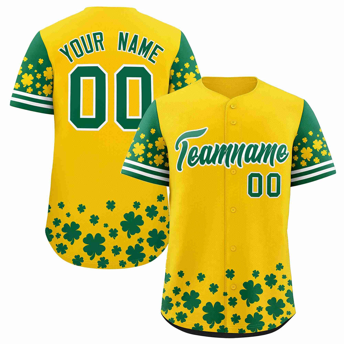 Custom Gold Kelly Green St.Patrick&#39;s Day Personalized Four Leaf Clover Pattern Baseball Jersey
