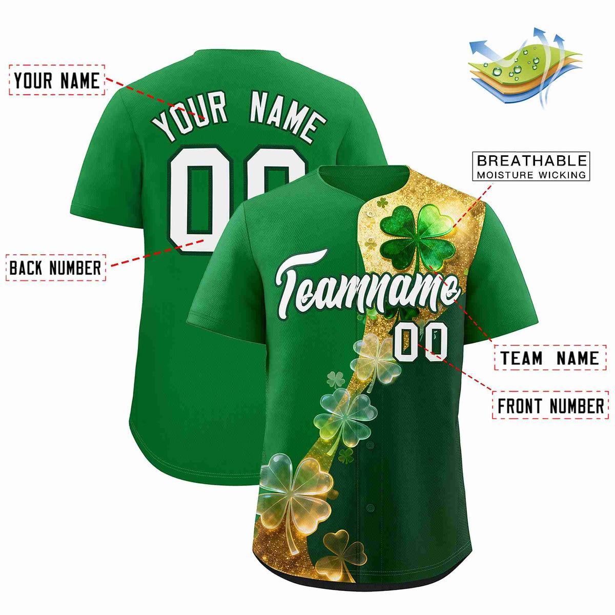 Custom Kelly Green Green St.Patrick&#39;s Day Personalized Four Leaf Clover Pattern Baseball Jersey