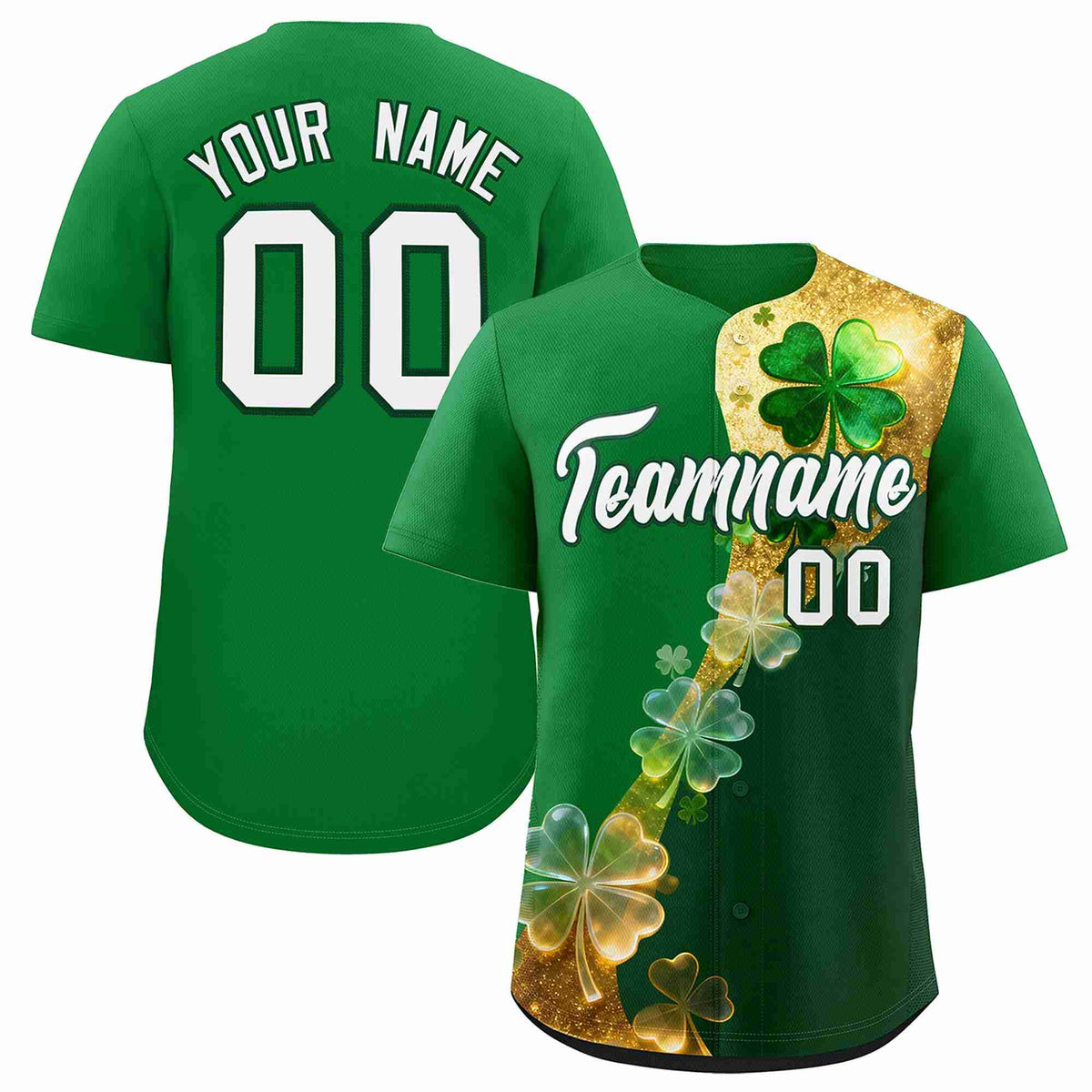 Custom Kelly Green Green St.Patrick&#39;s Day Personalized Four Leaf Clover Pattern Baseball Jersey