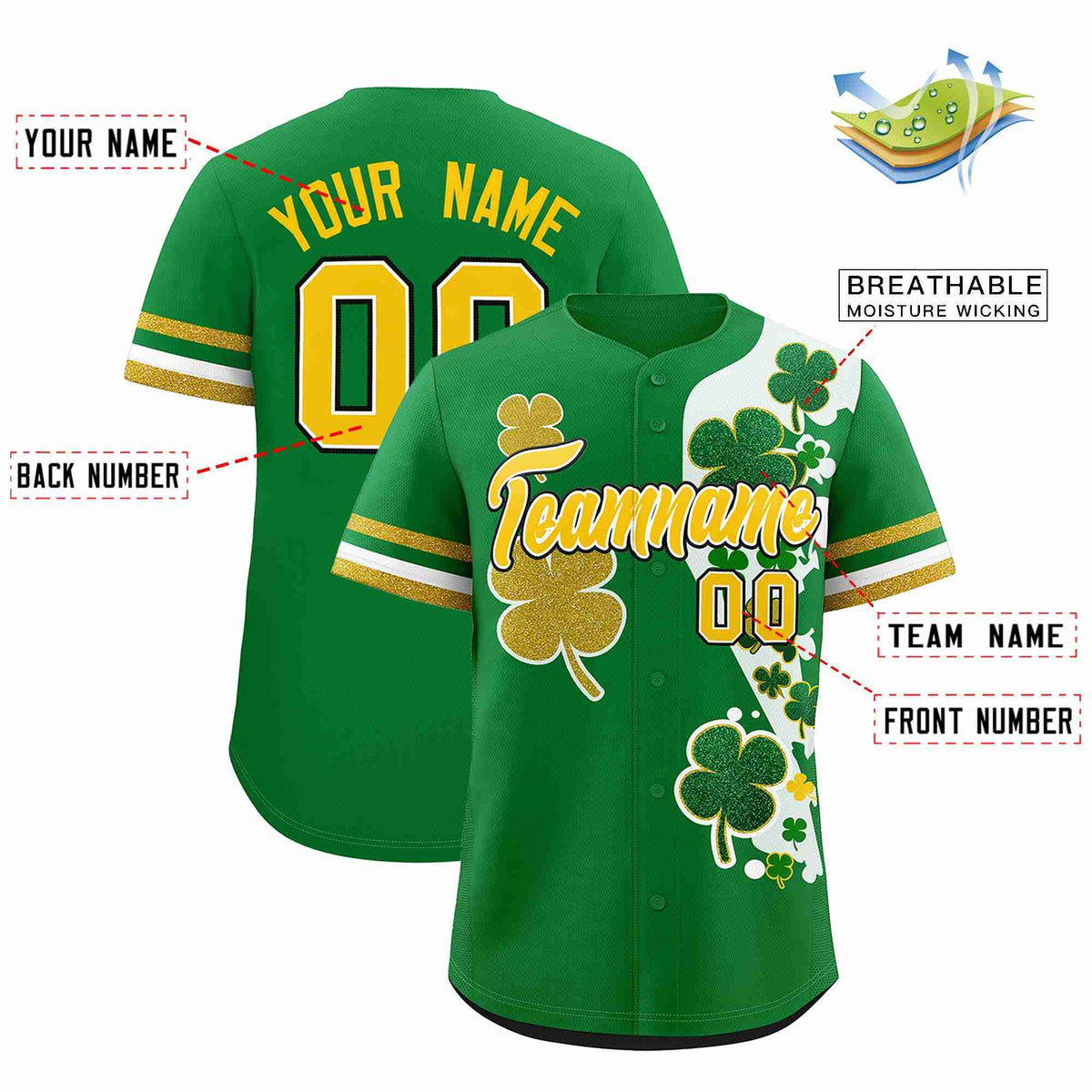 Custom Kelly Green Gold St.Patrick&#39;s Day Personalized Four Leaf Clover Pattern Baseball Jersey