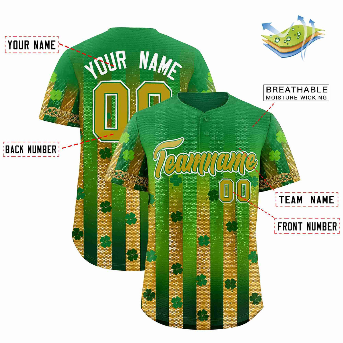 Custom Kelly Green Green St.Patrick&#39;s Day Personalized Four Leaf Clover Pattern Baseball Jersey