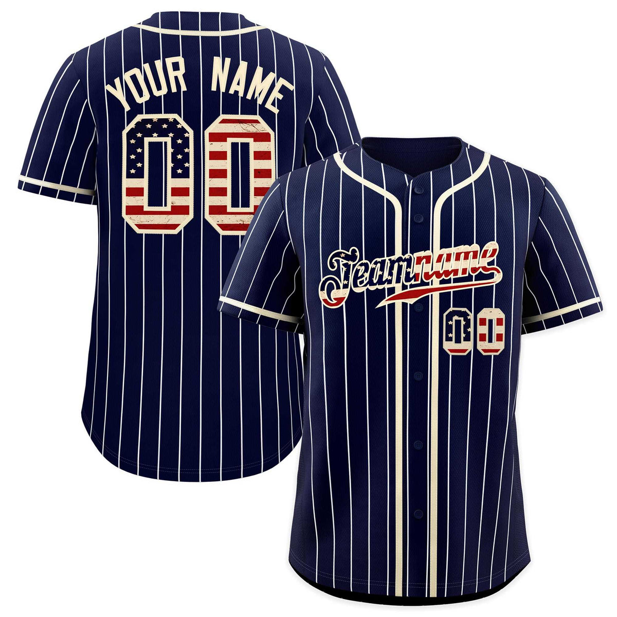 Custom Navy Cream Pinstripe Vintage USA Flag Authentic Baseball Jersey