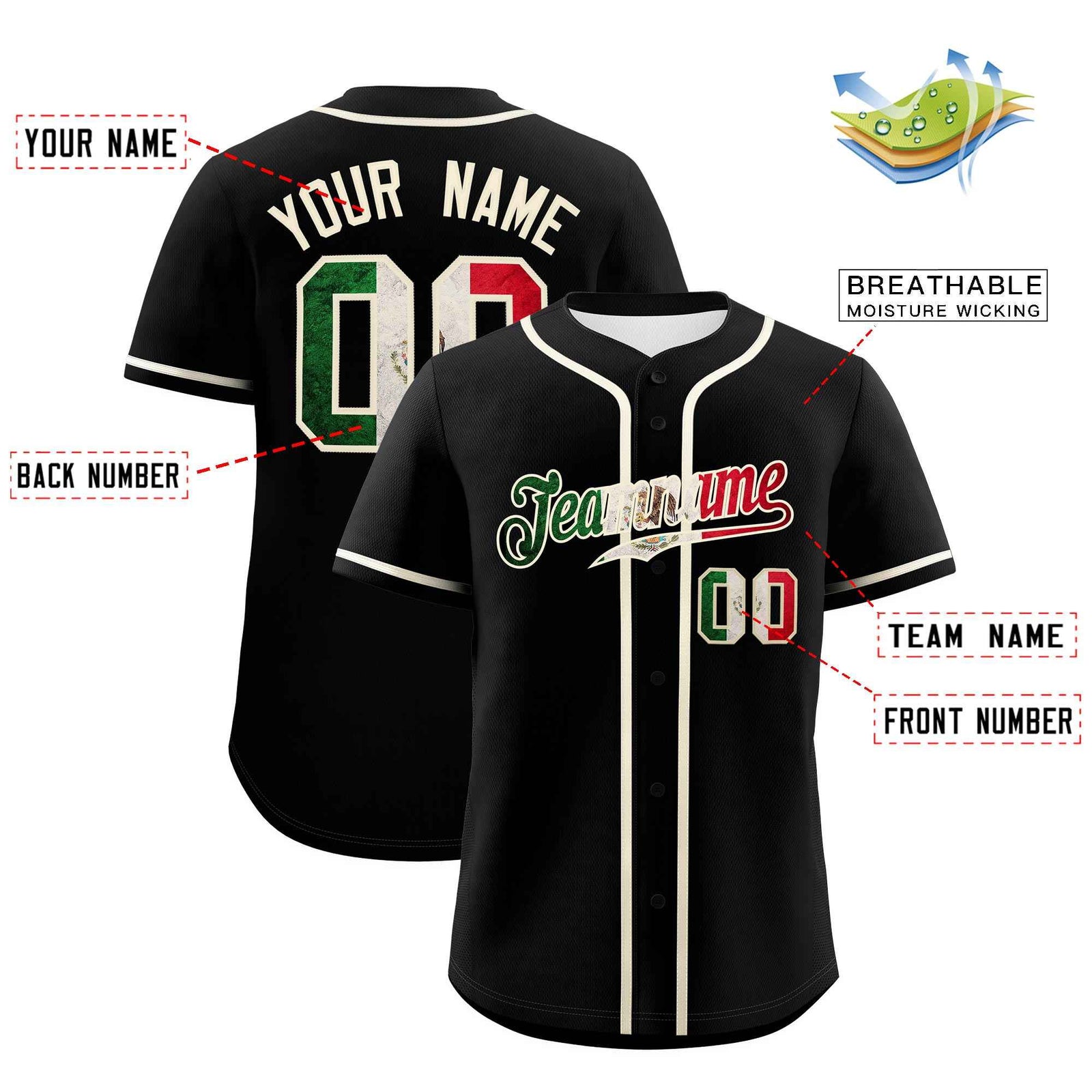 Custom Black Cream Vintage Mexican Flag Authentic Baseball Jersey