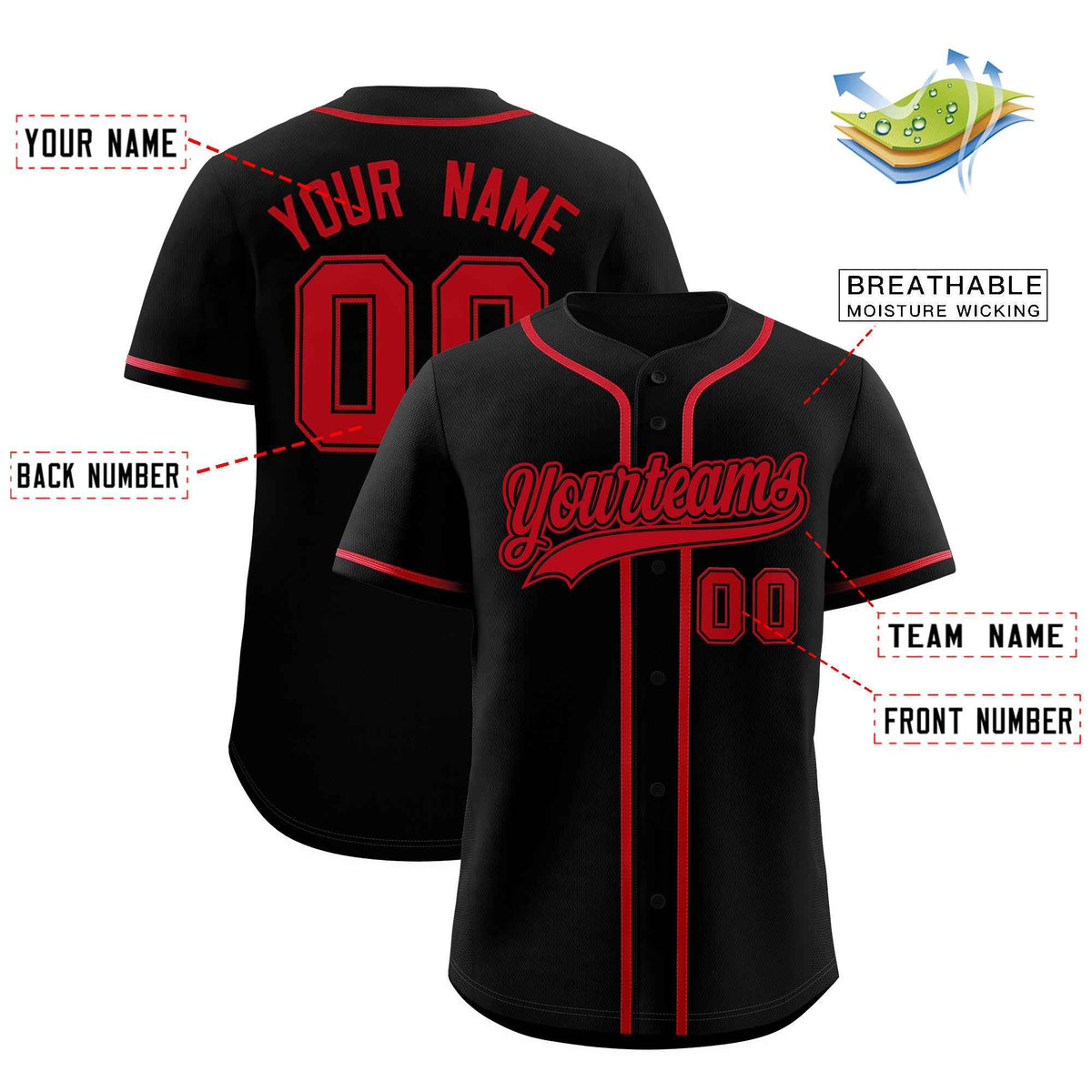 Custom Black Red Classic Style Authentic Baseball Jersey