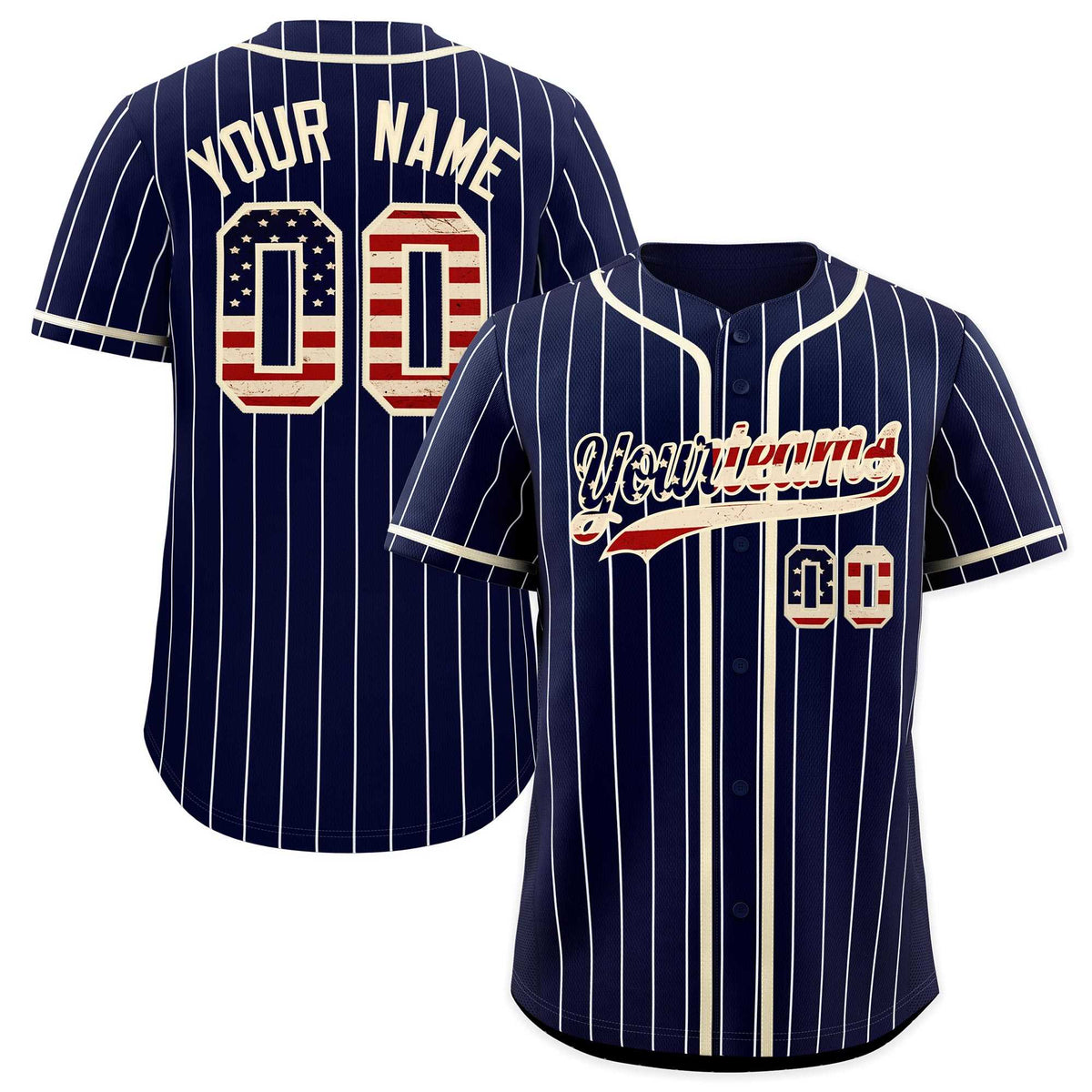 Custom Navy Cream Pinstripe Vintage USA Flag Authentic Baseball Jersey