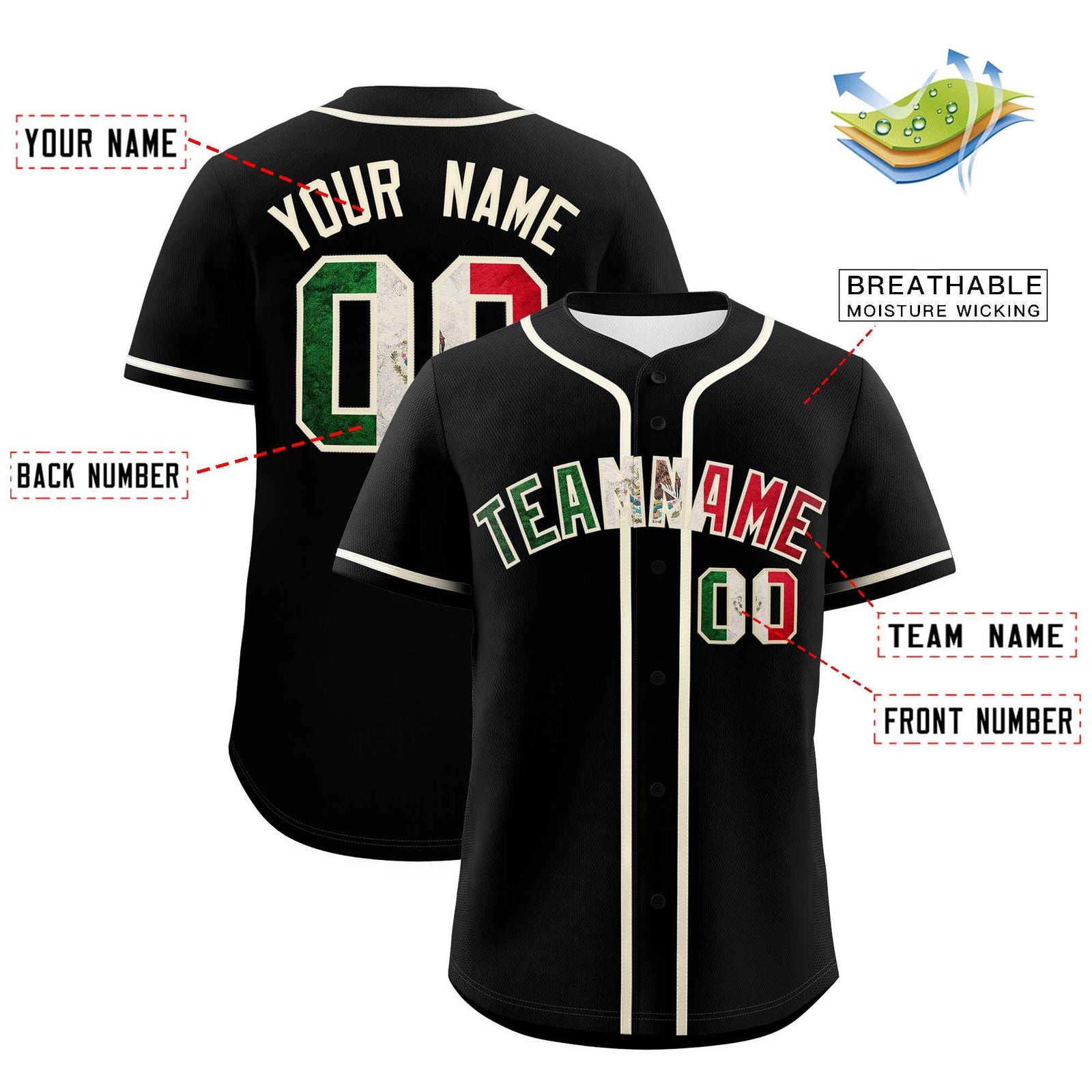 Custom Black Cream Vintage Mexican Flag Authentic Baseball Jersey