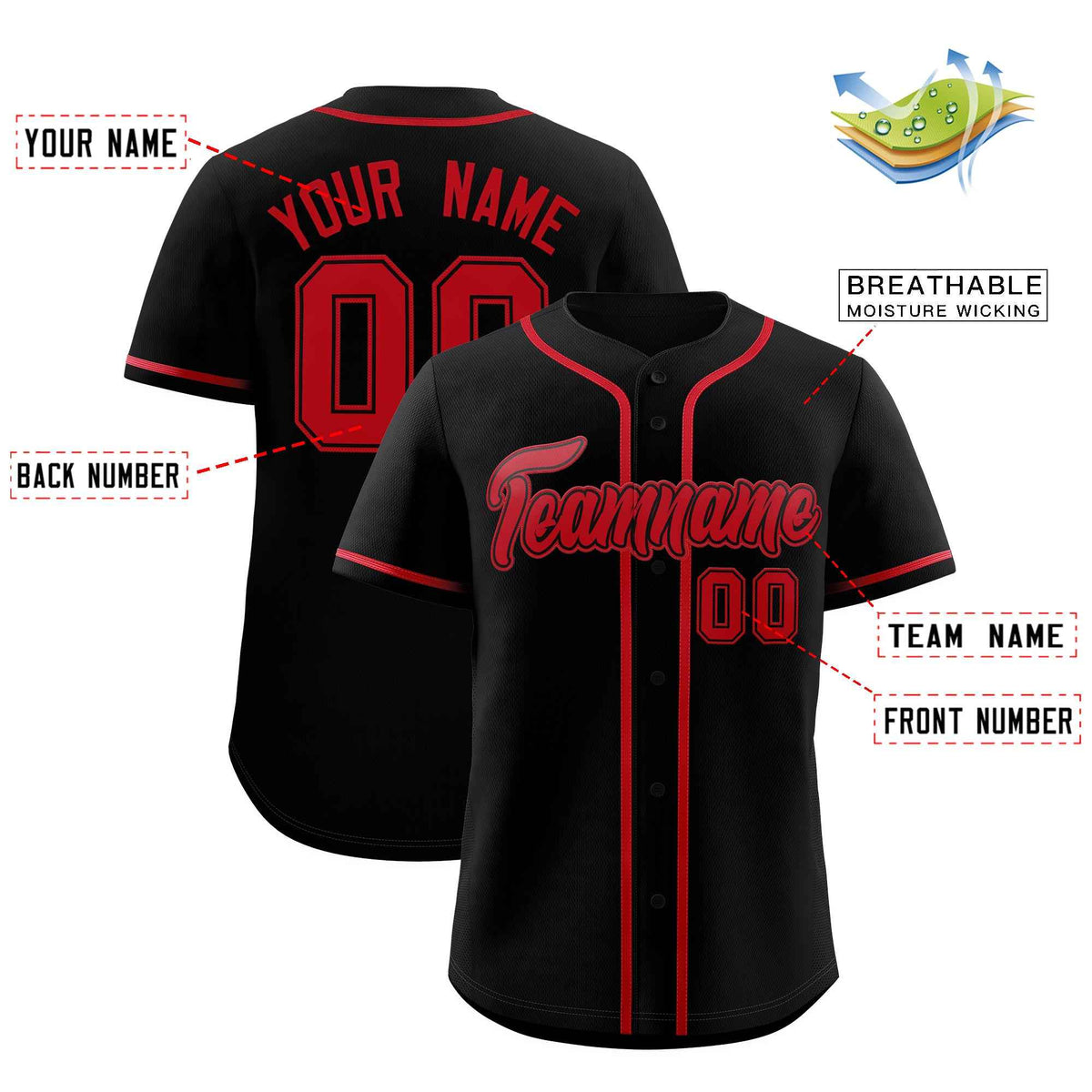 Custom Black Red Classic Style Authentic Baseball Jersey