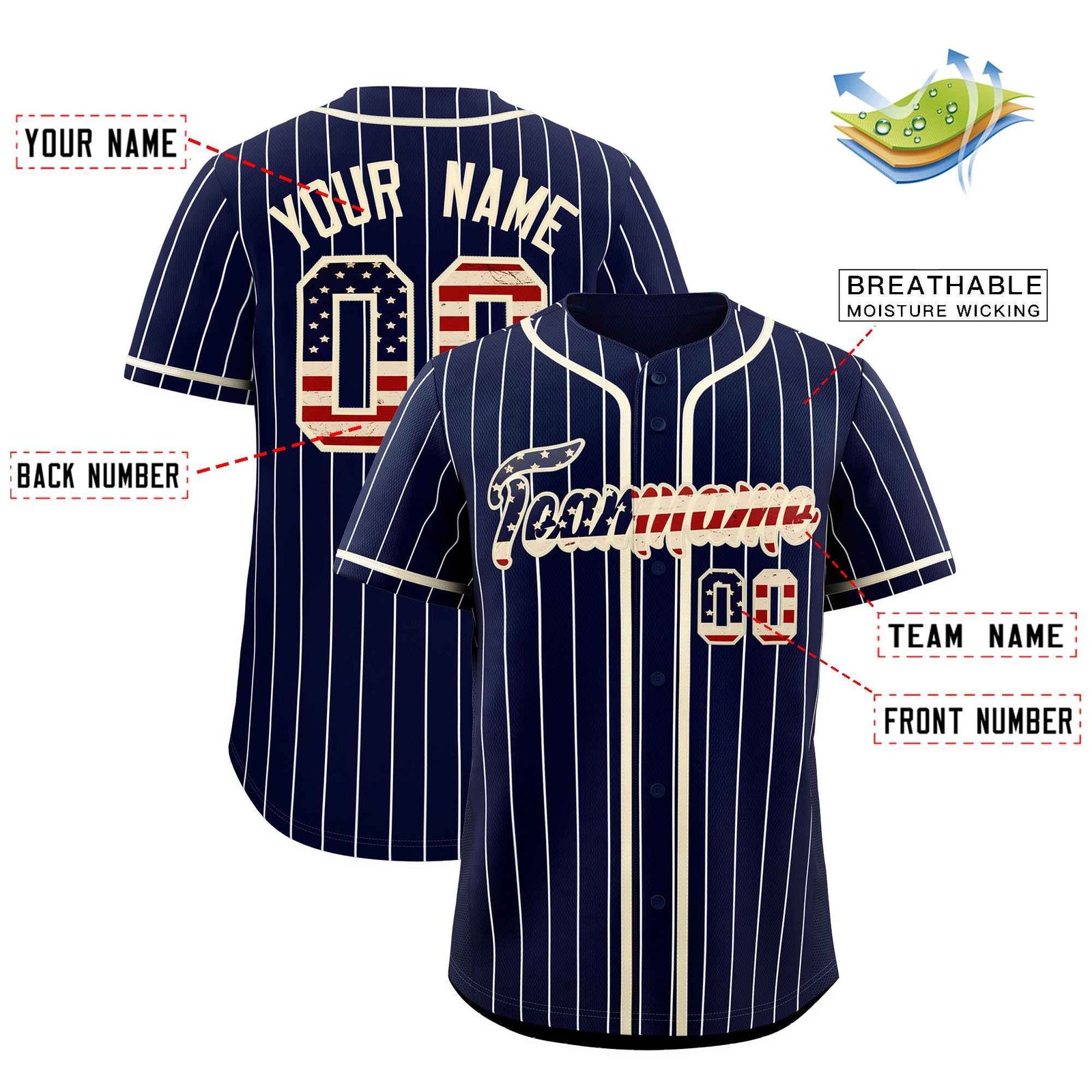 Custom Navy Cream Pinstripe Vintage USA Flag Authentic Baseball Jersey