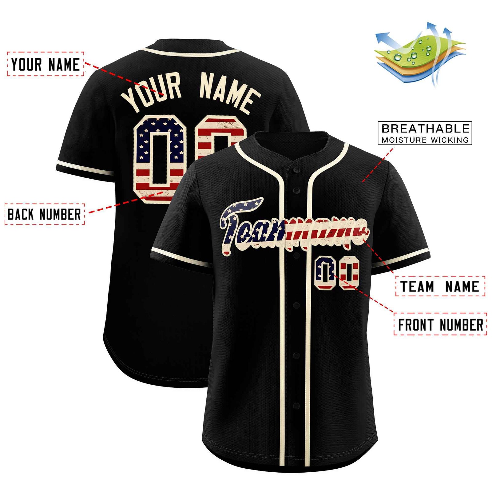 Custom Black Cream Vintage USA Flag Authentic Baseball Jersey