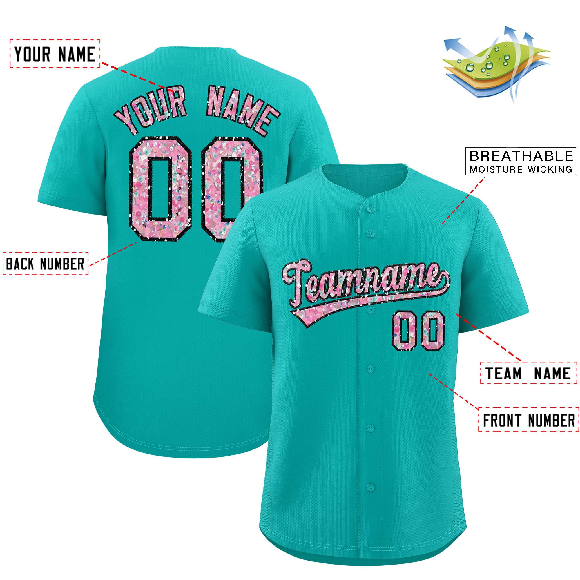 Custom Aqua Fine Sparkle Personalized Baseball Sports Uniform