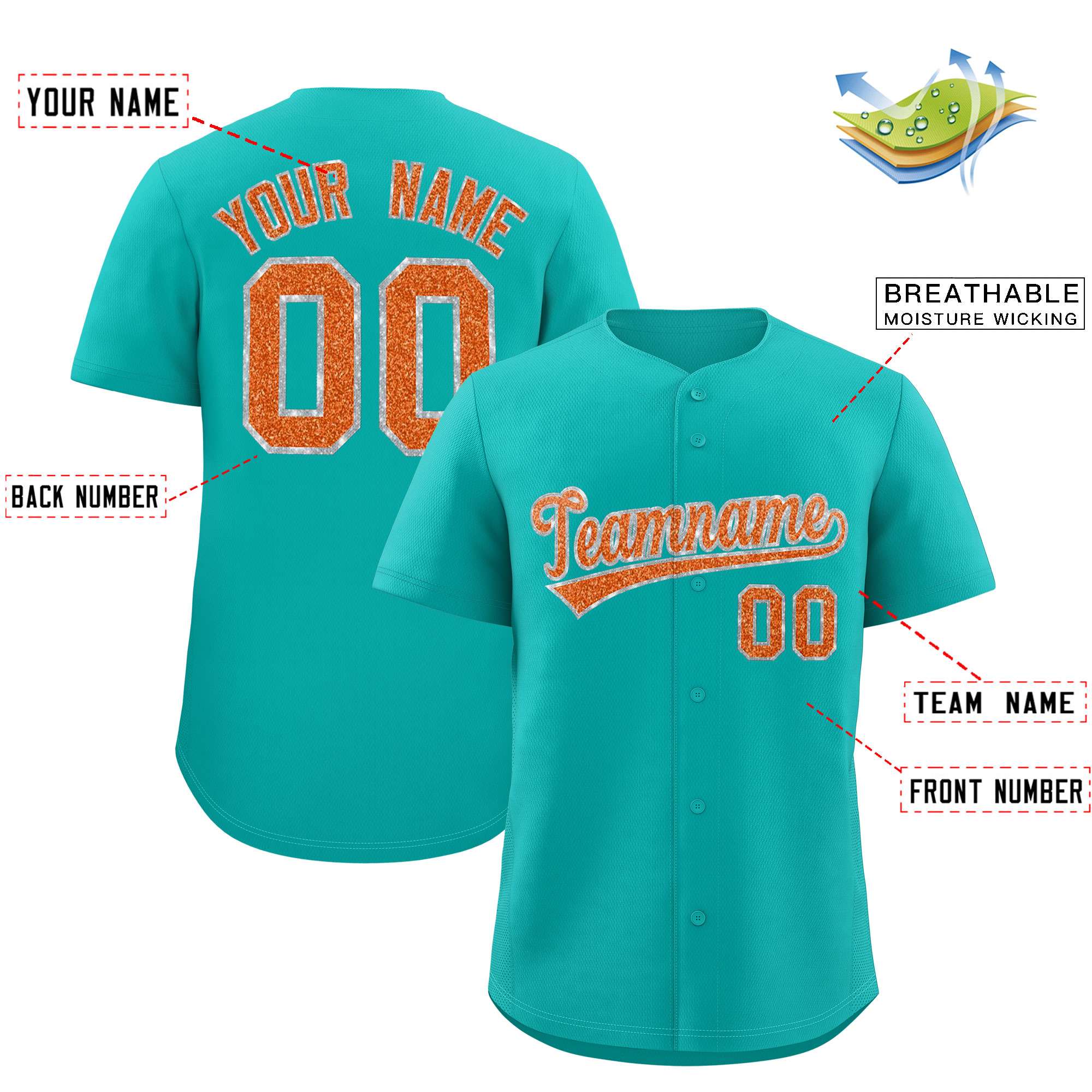 Custom Aqua Fine Sparkle Personalized Baseball Sports Uniform