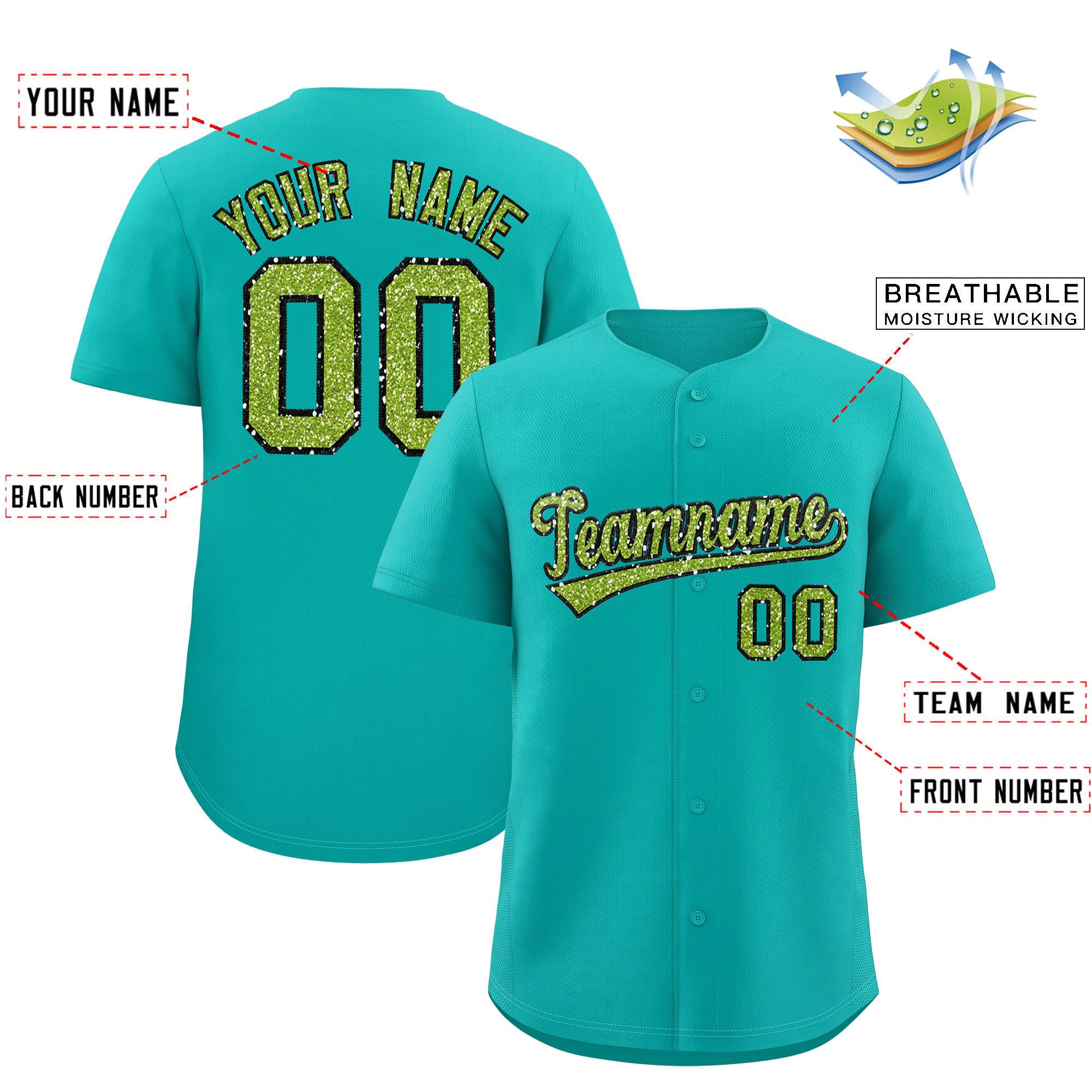 Custom Aqua Fine Sparkle Personalized Baseball Sports Uniform