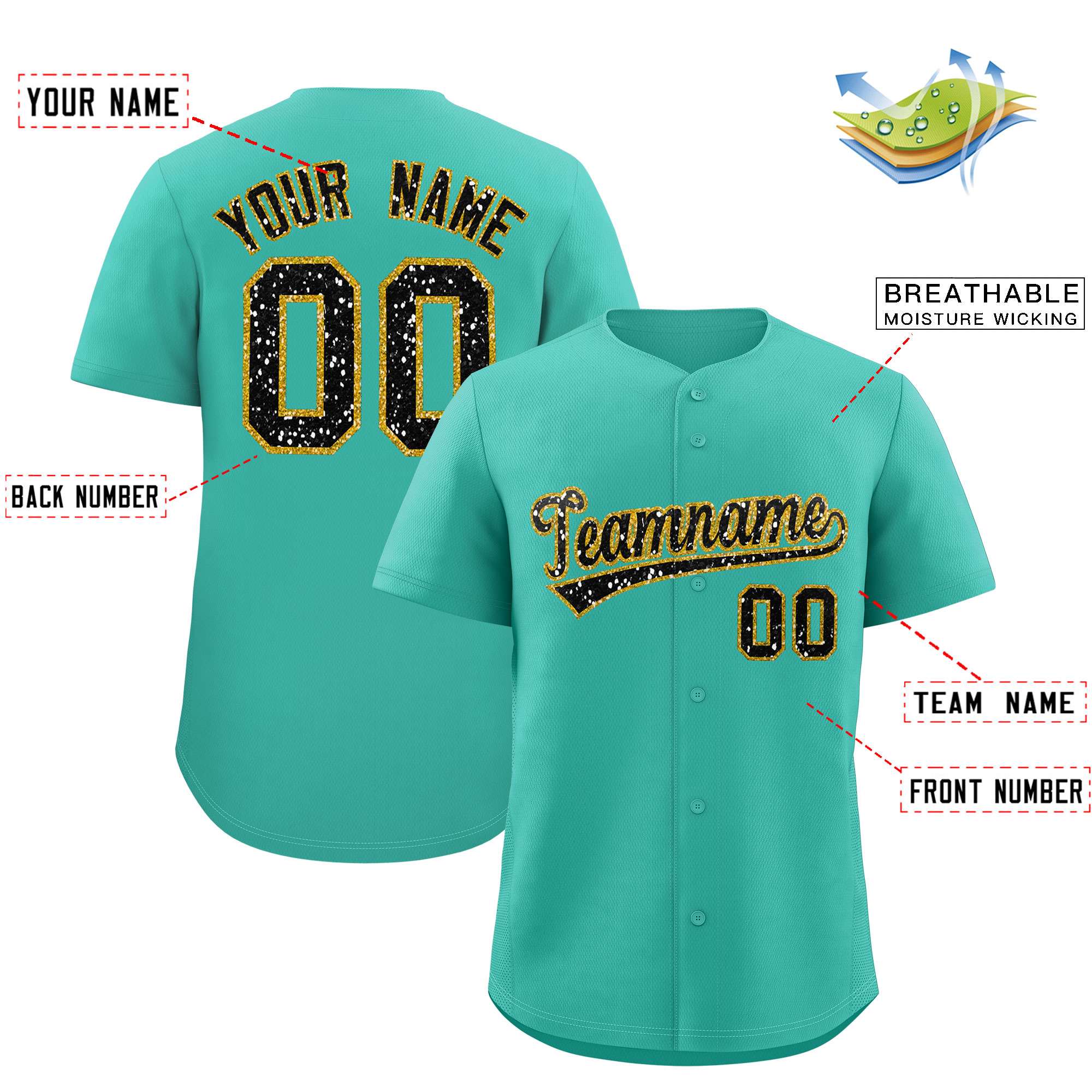 Custom Aqua Fine Sparkle Personalized Baseball Sports Uniform