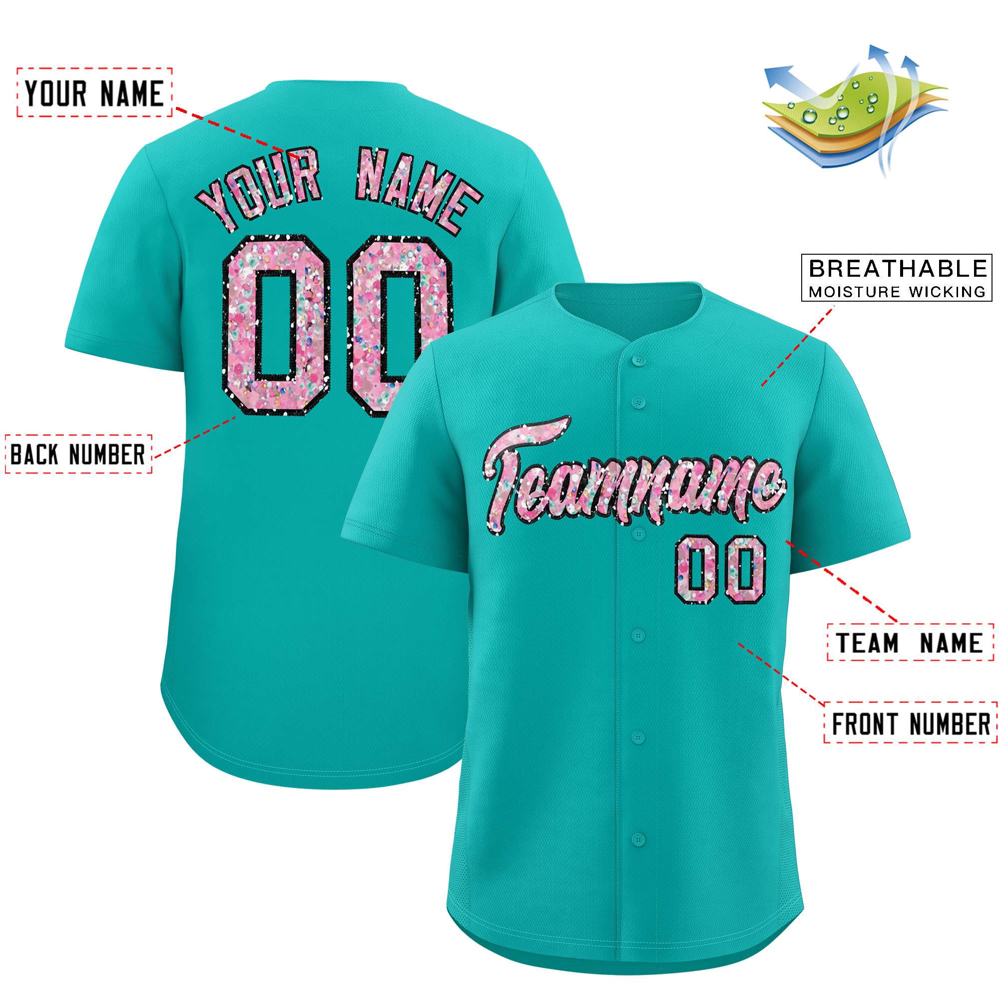 Custom Aqua Fine Sparkle Personalized Baseball Sports Uniform