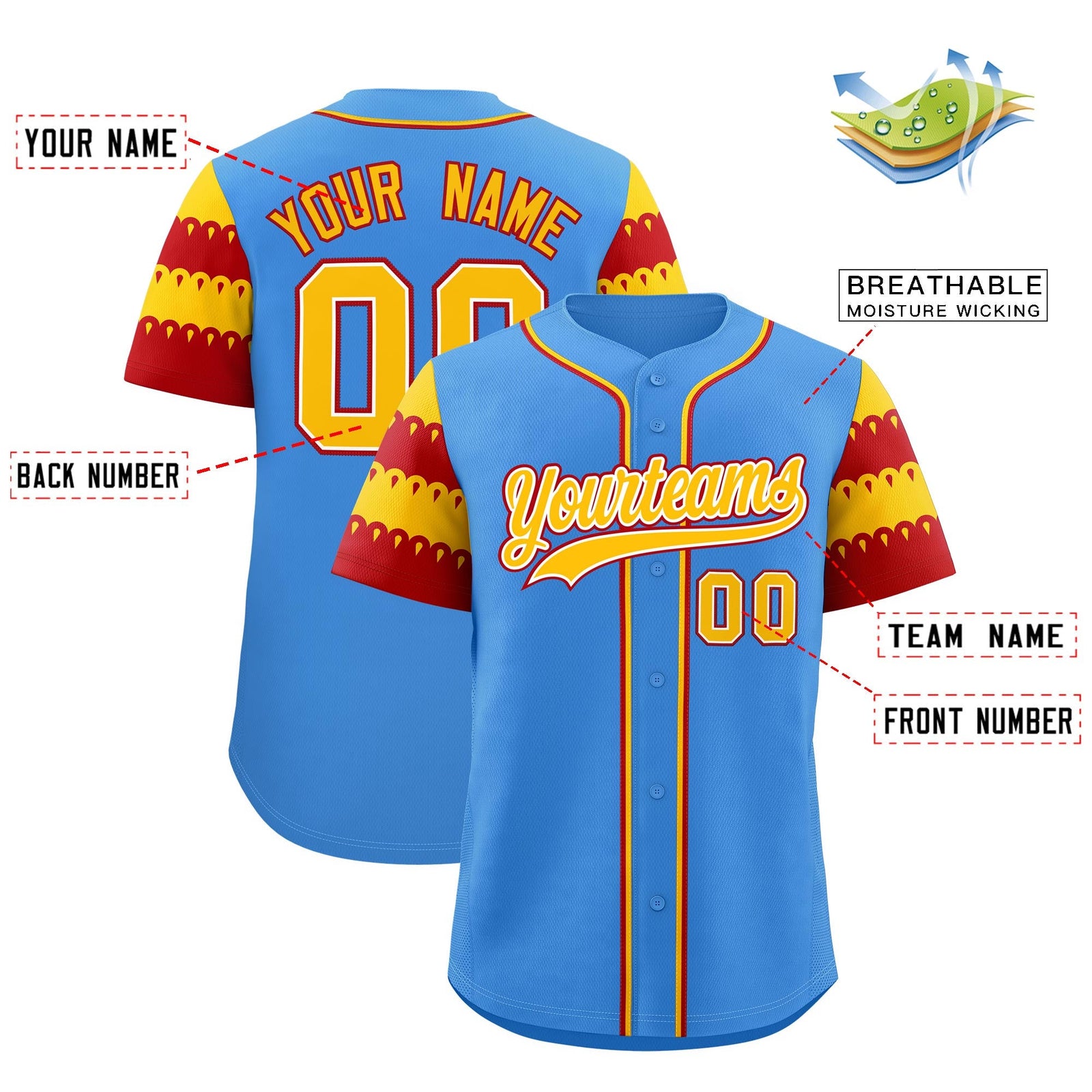 Custom Powder Blue Gold Red Sleeve Flag Lace Baseball Jersey | Sublimation Printed & Embroidery,Add Name and Numbern,Perfect for Teams | KXKSHOP