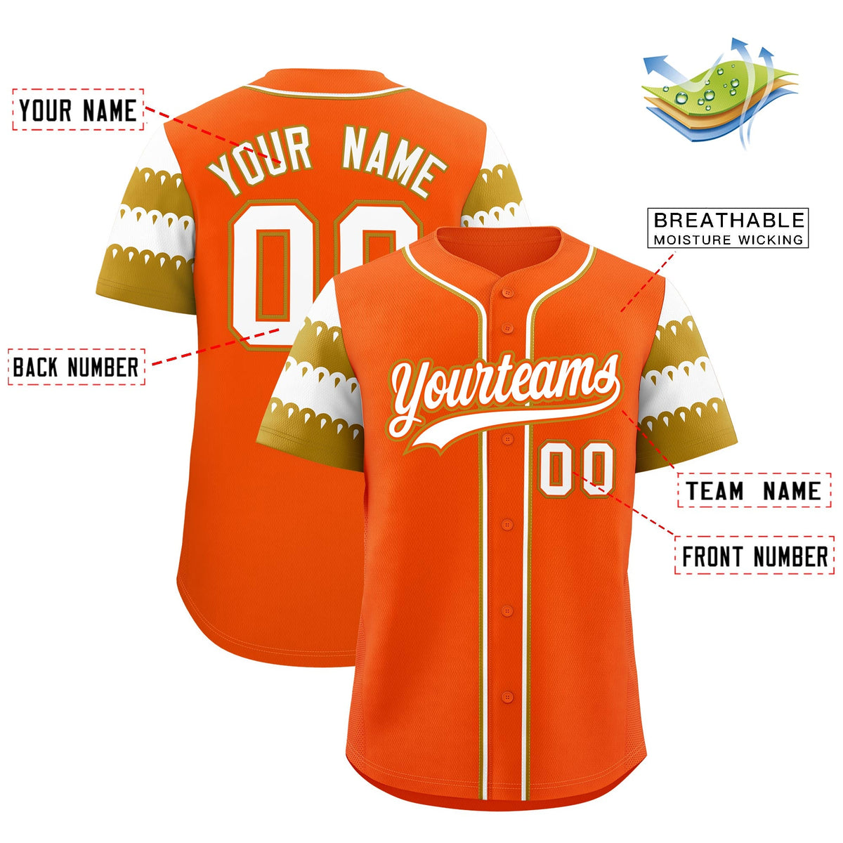 Custom Orange Old Gold White Sleeve Flag Lace Baseball Jersey | Sublimation Printed &amp; Embroidery,Add Name and Numbern,Perfect for Teams | KXKSHOP
