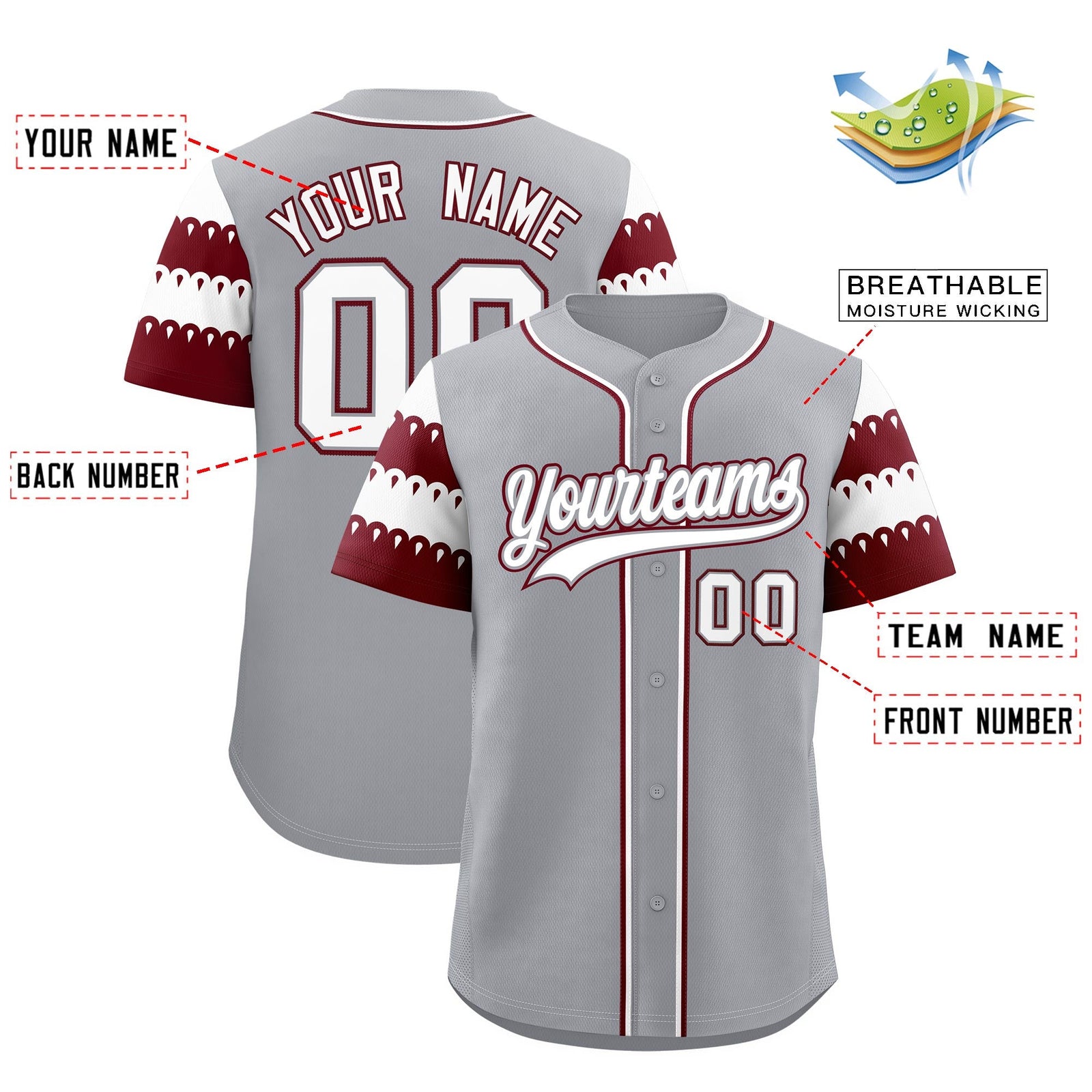 Custom Gray Maroon White Sleeve Flag Lace Baseball Jersey | Sublimation Printed & Embroidery,Add Name and Numbern,Perfect for Teams | KXKSHOP