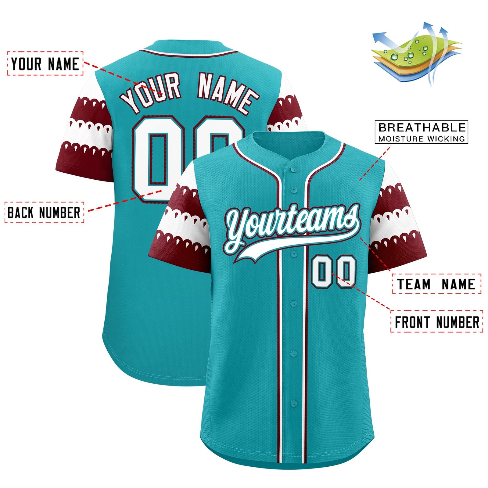 Custom Aqua Maroon White Sleeve Flag Lace Baseball Jersey | Sublimation Printed & Embroidery,Add Name and Numbern,Perfect for Teams | KXKSHOP