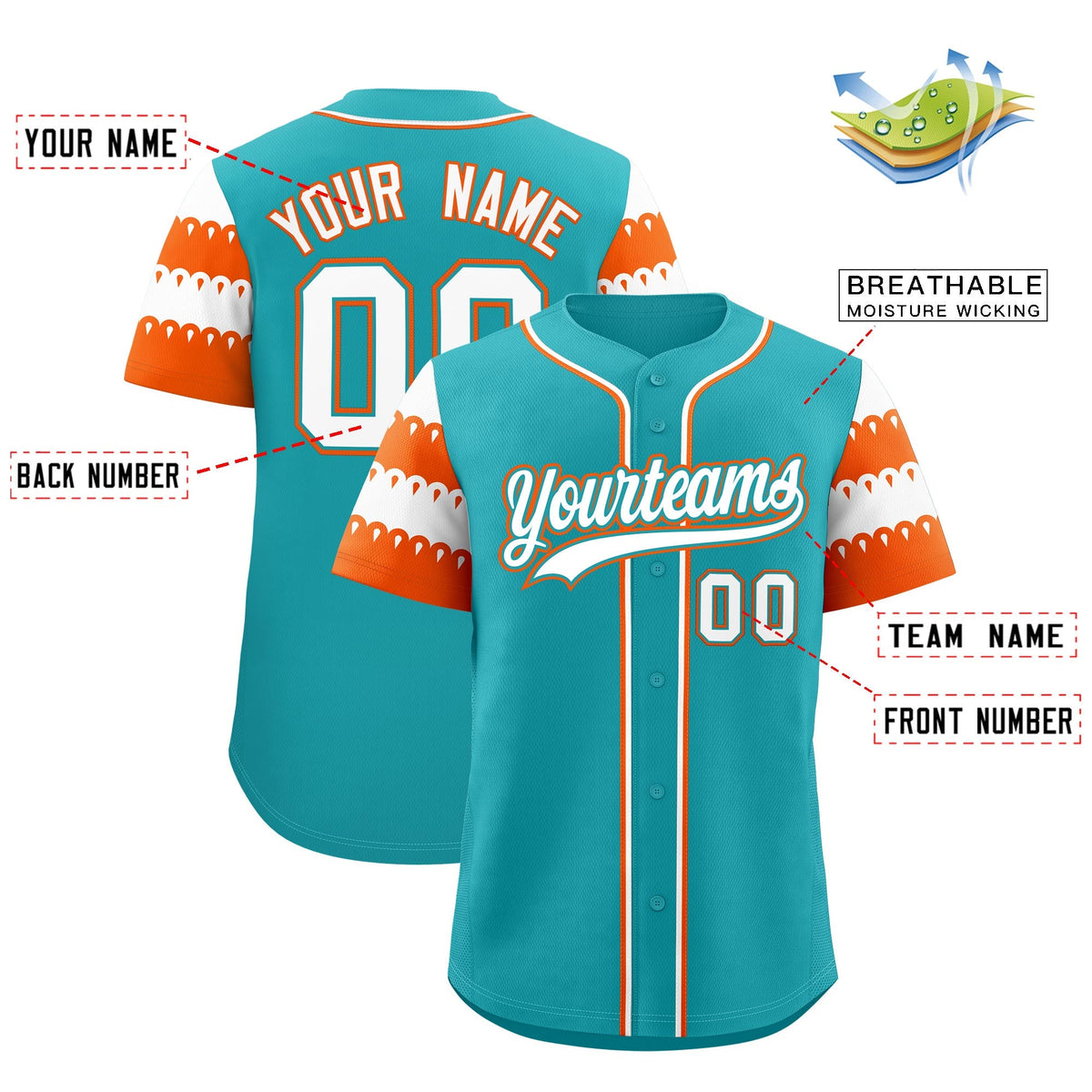 Custom Aqua Orange White Sleeve Flag Lace Baseball Jersey | Sublimation Printed &amp; Embroidery,Add Name and Numbern,Perfect for Teams | KXKSHOP