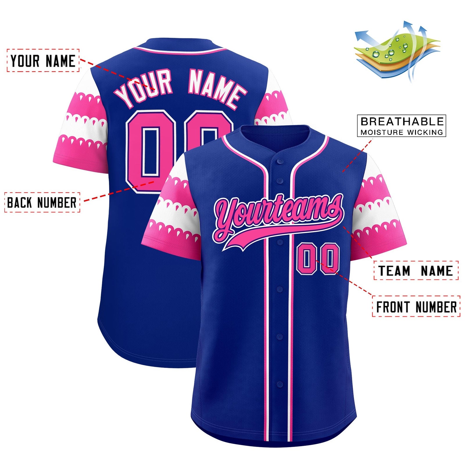 Custom Royal Pink White Sleeve Flag Lace Baseball Jersey | Sublimation Printed & Embroidery,Add Name and Numbern,Perfect for Teams | KXKSHOP