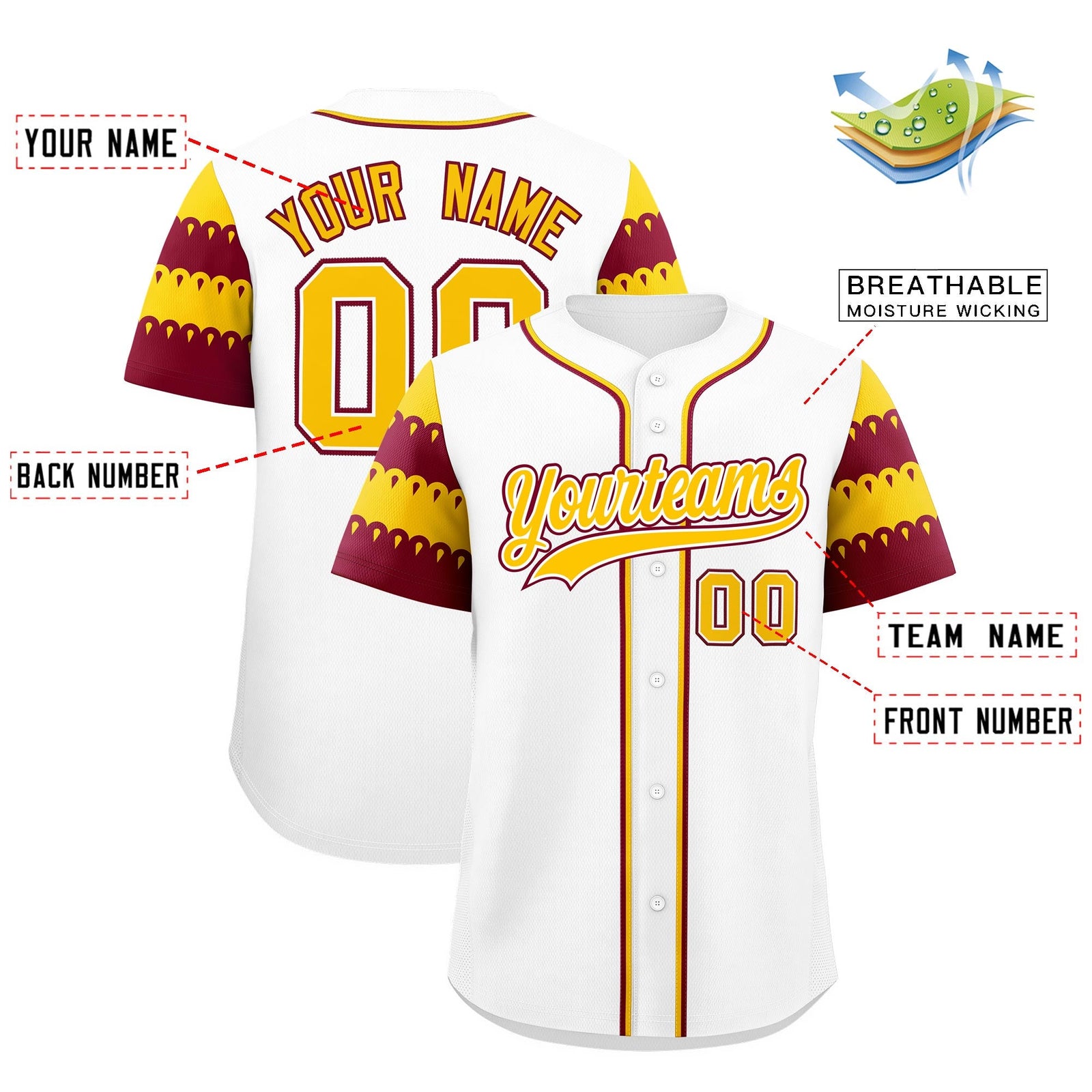Custom White Crimson Gold Sleeve Flag Lace Baseball Jersey | Sublimation Printed & Embroidery,Add Name and Numbern,Perfect for Teams | KXKSHOP